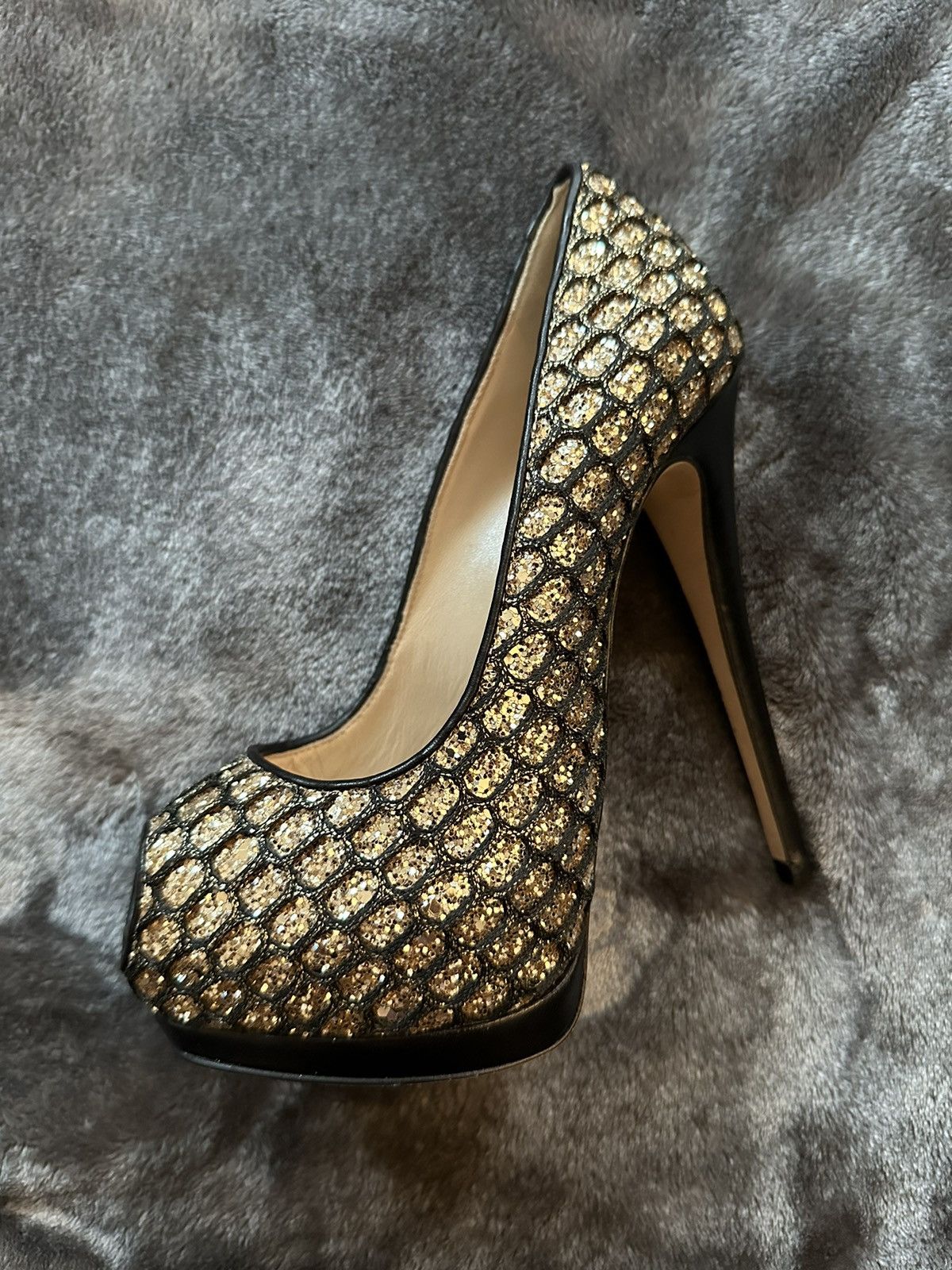 image of Giuseppe Zanotti Black & Gold Peep Toe Pumps Shoes, Women's (Size 6)