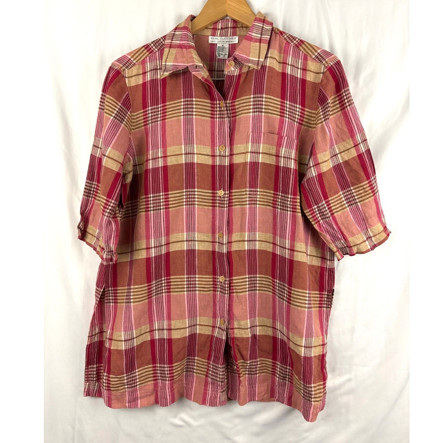 Saks Fifth Avenue Real Clothes Saks Fifth Avenue Blouse MEDIUM Plaid Linen Size M / US 6-8 / IT 42-44 - 1 Thumbnail