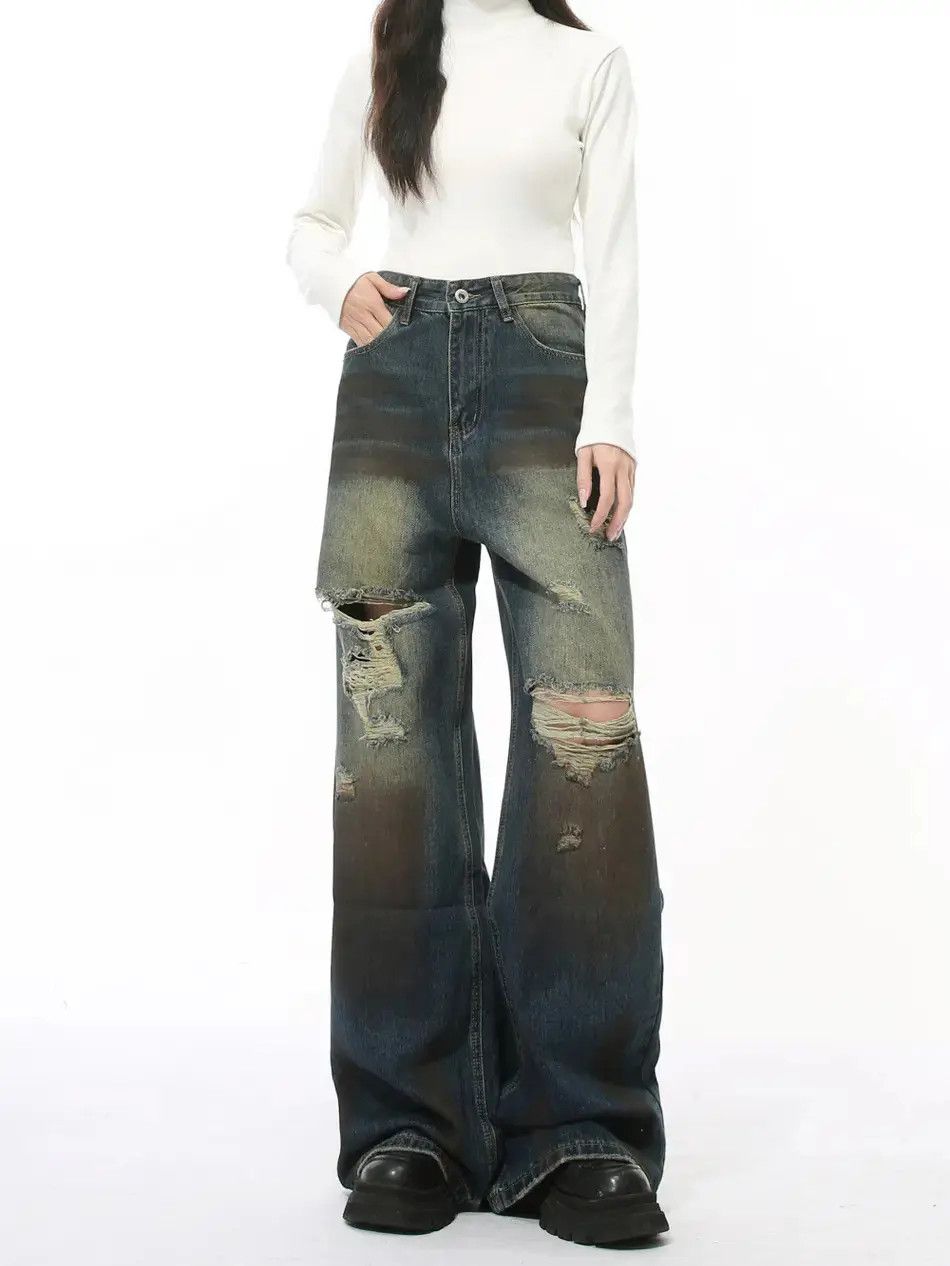 Japanese Brand Retro loose dirty dyed ripped jeans Size US 30 / EU 46 - 1 Thumbnail