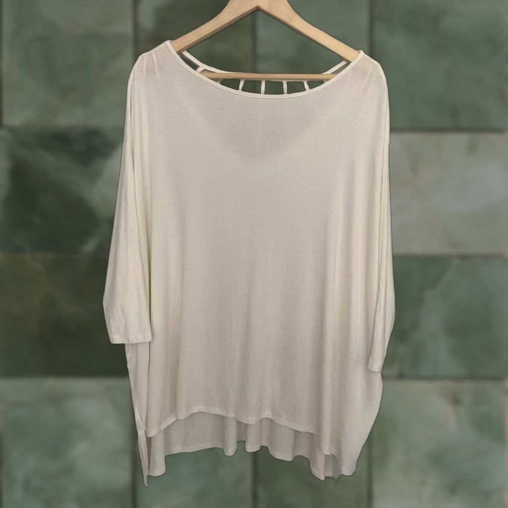 Vintage Cyrus Womens Blouse Ivory Short Sleeve Batwing Dolman Stretch Cutout Hi-Lo Medium M Size M / US 6-8 / IT 42-44 - 1 Thumbnail