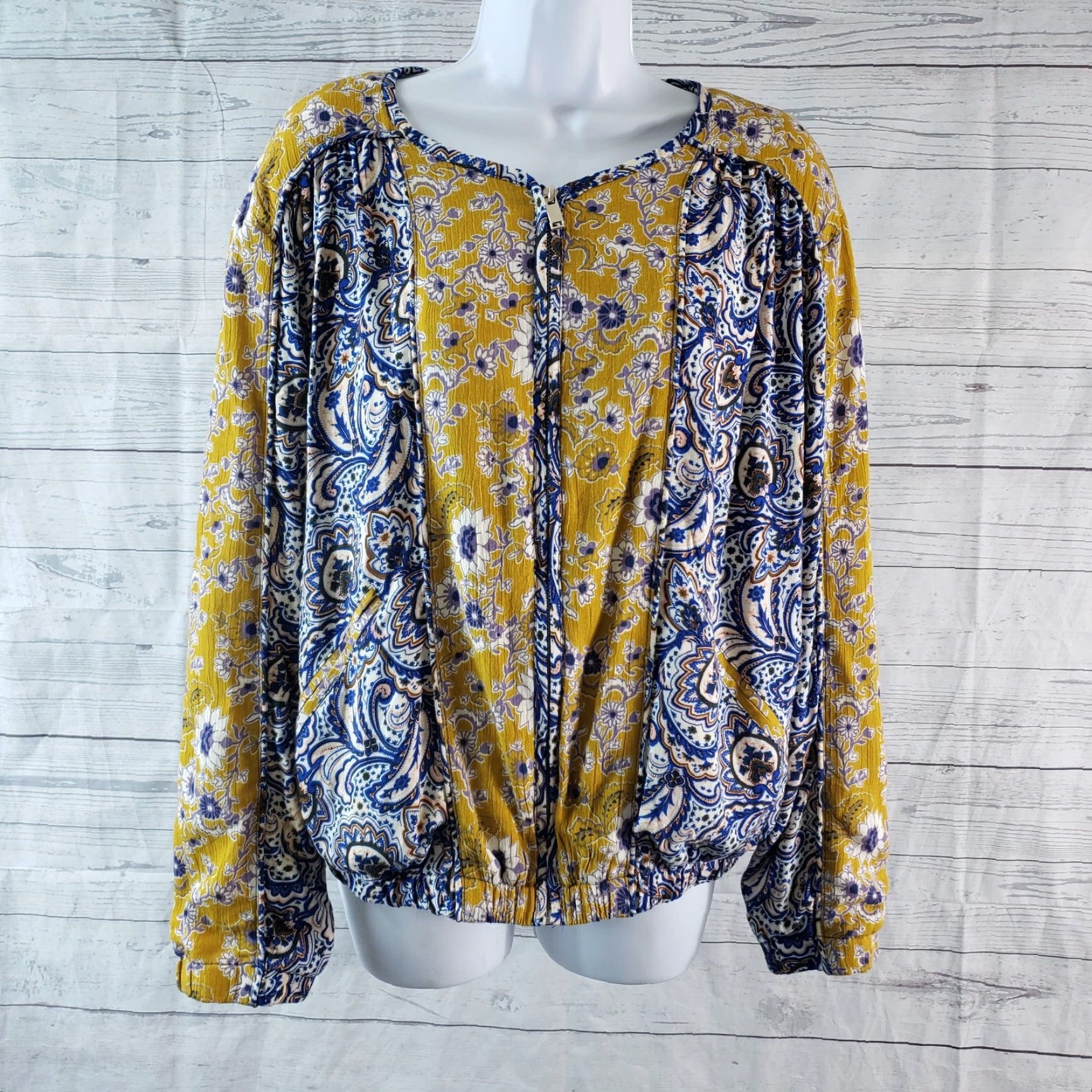 Vintage Umgee Womens Jacket Sz Medium Blue Yellow Floral Cotton Blend Size M / US 6-8 / IT 42-44 - 2 Thumbnail