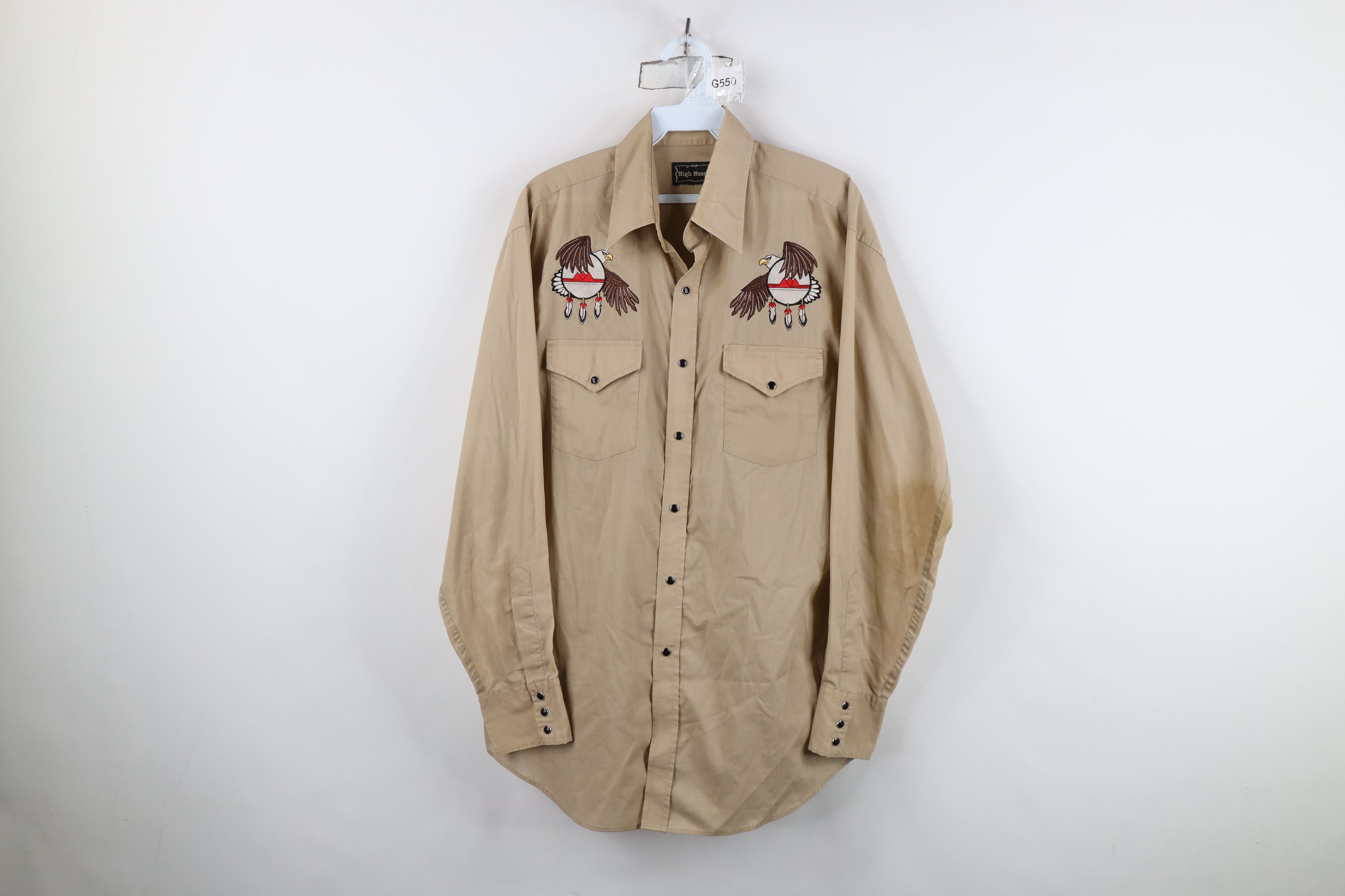 Vintage Vintage 70s Rockabilly Eagle Feather Snap Button Shirt Beige Size US L / EU 52-54 / 3 - 1 Thumbnail