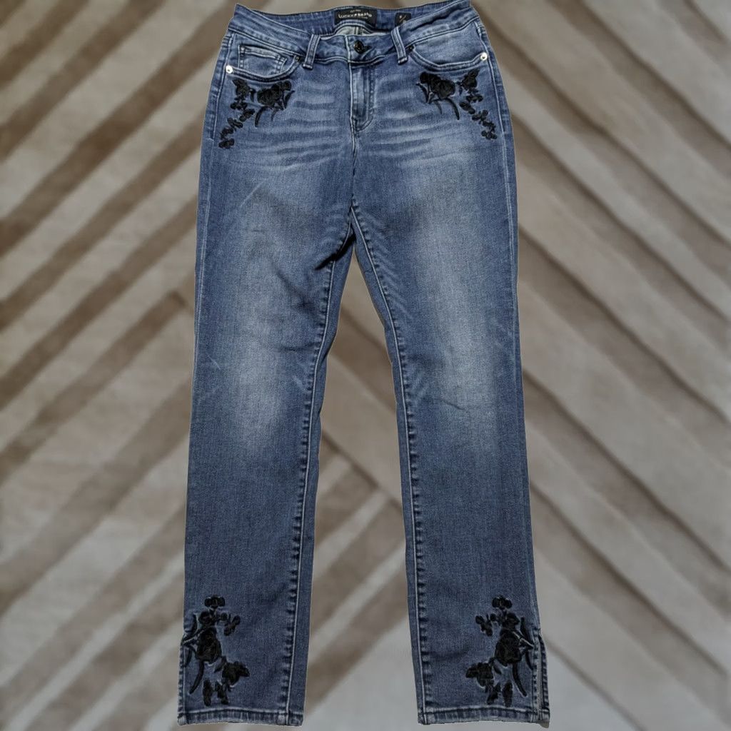 Lucky Brand LUCKY Lolita Skinny Ankle Jeans Floral Embroidered - Women 8 Stretch Denim Blue Size 8/29 Size 30" / US 8 / IT 44 - 1 Thumbnail