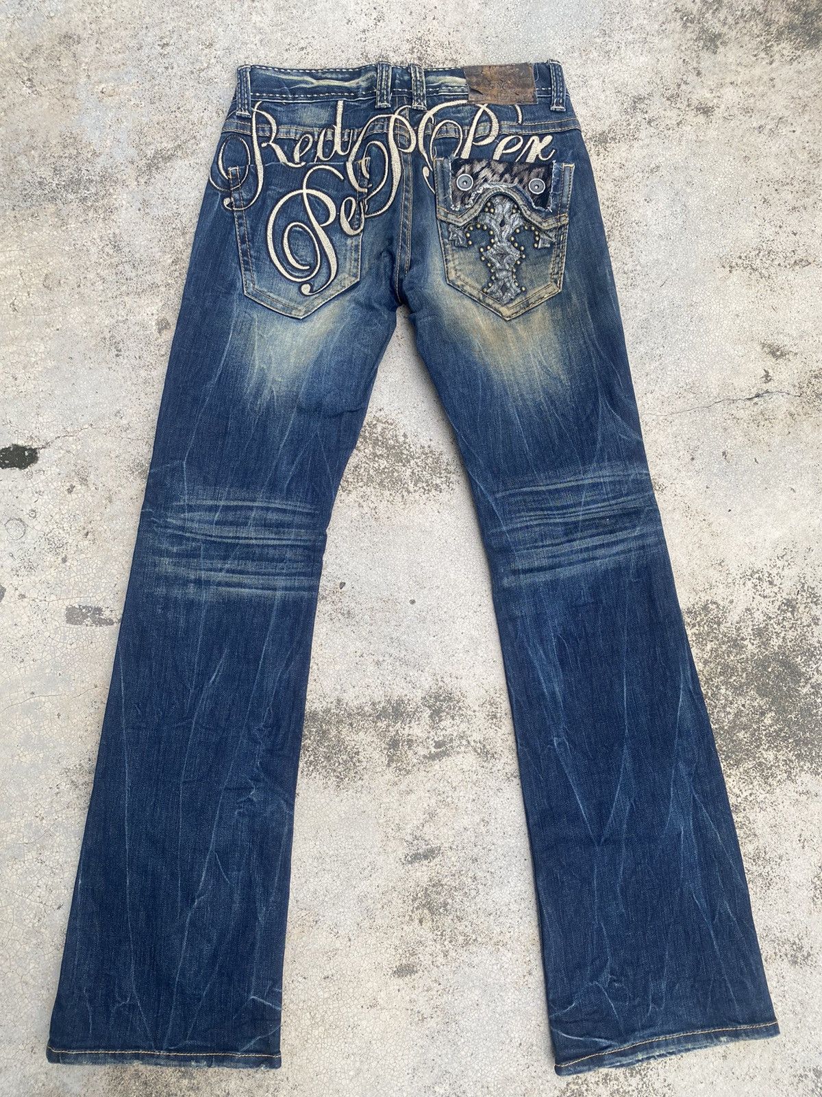 If Six Was Nine × Le Grande Bleu (L.G.B.) Flare Jeans Red Papper Clawmark Studded Cross Bootcut Size US 30 / EU 46 - 15 Thumbnail