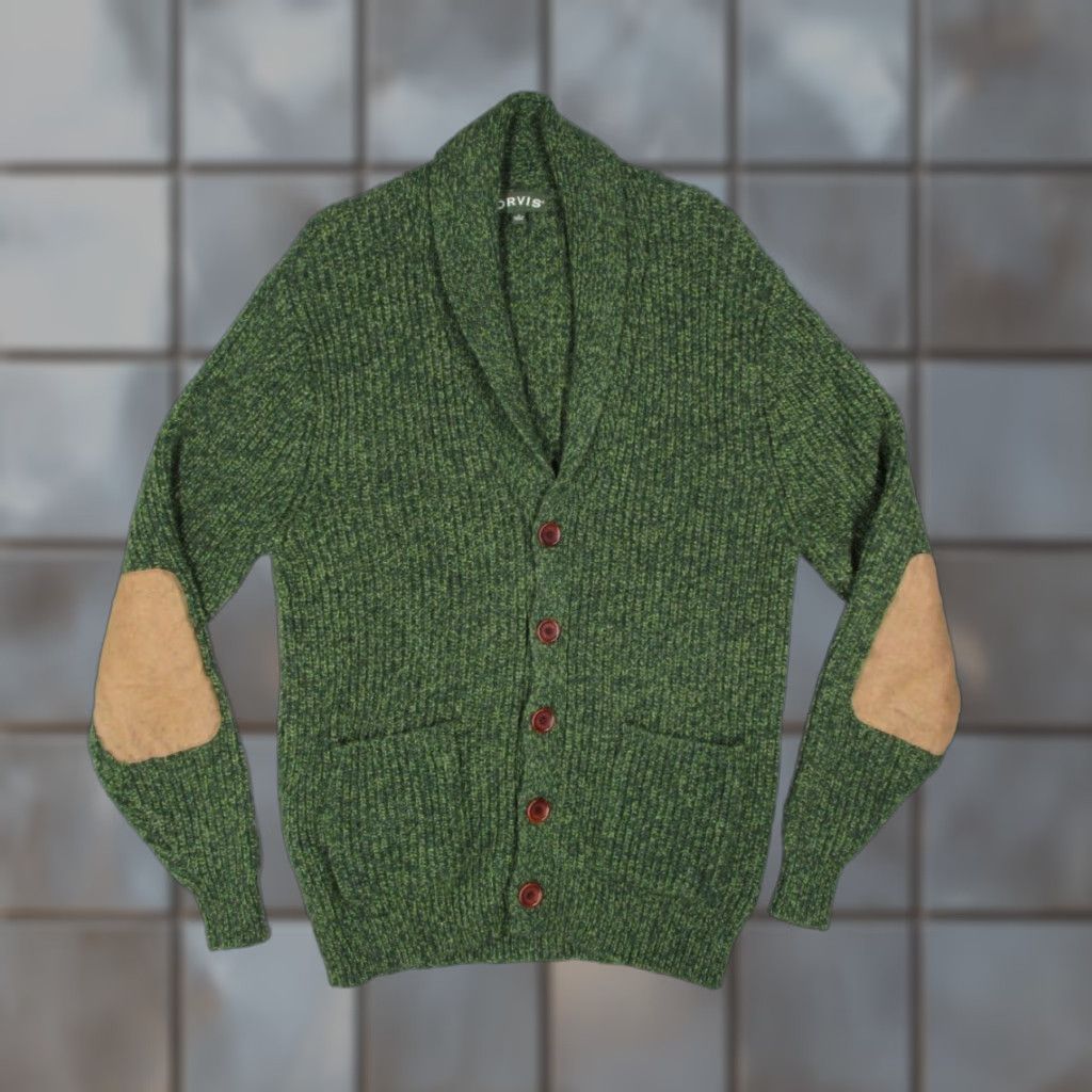 Orvis Sweater Mens Medium Green Wool Blend Button Up Shawl