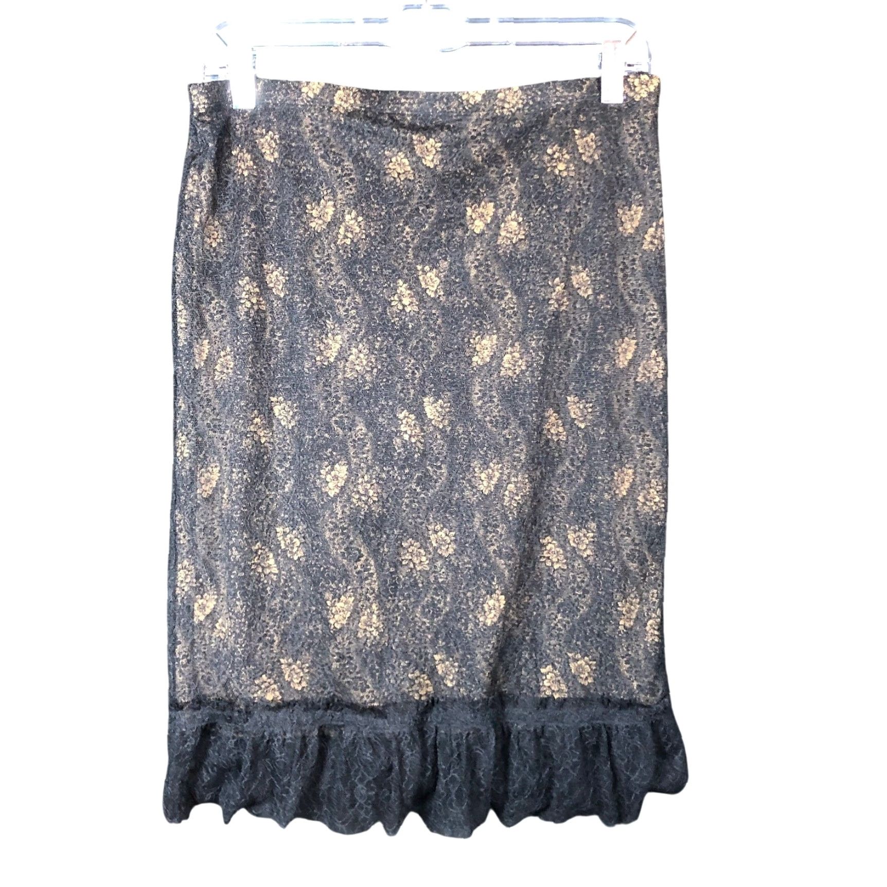Express Express Skirt Womens Black Gold Pull On Lined Floral Lace Ruffle Small Midi A-Line Size 28" / US 6 / IT 42 - 2 Thumbnail