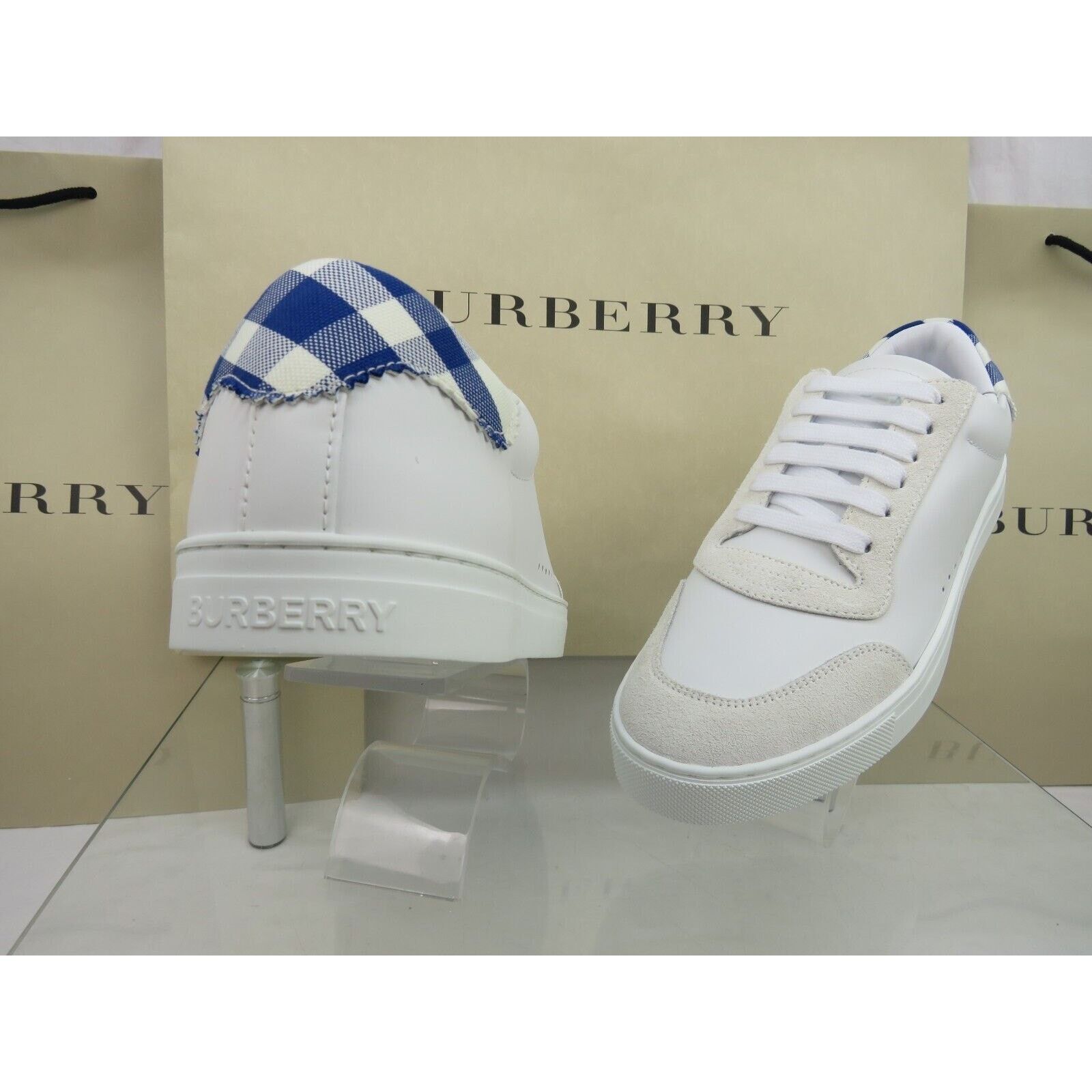 Burberry BURBERRY ROBIN WHITE BLUE CHECK LTH LOW LOGO SNEAKERS 12 45 Size US 12 / EU 45 - 3 Thumbnail