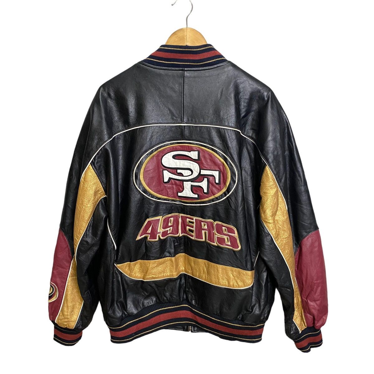 image of San Francisco 49Ers x Vintage Sf 49Ers Nfl Leather Bomber Varsity Jacket in Black/Red (Size XL)