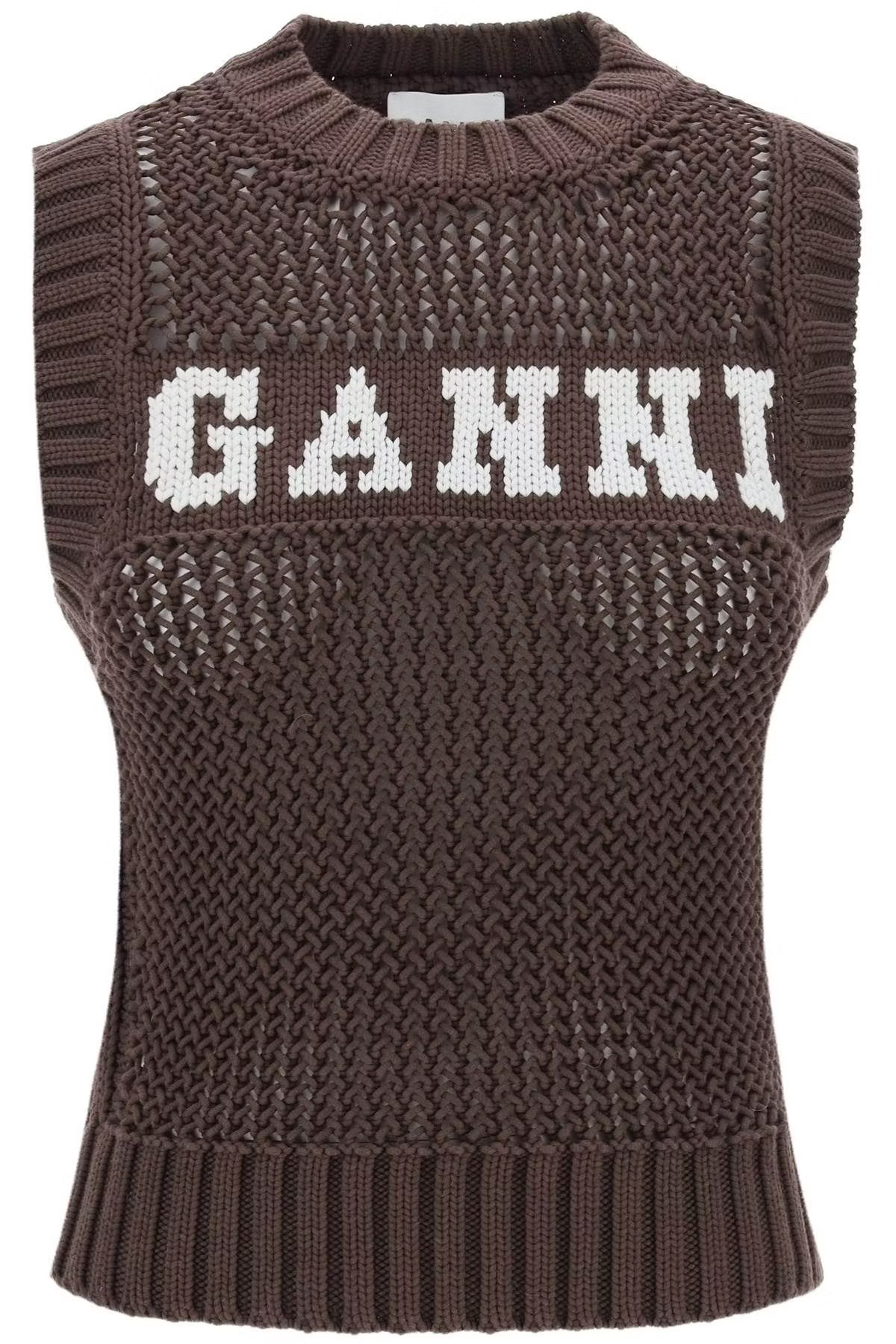 image of Ganni O1S22I1N0524 Open Stitch Knitted Vest In Brown, Women's (Size Small)