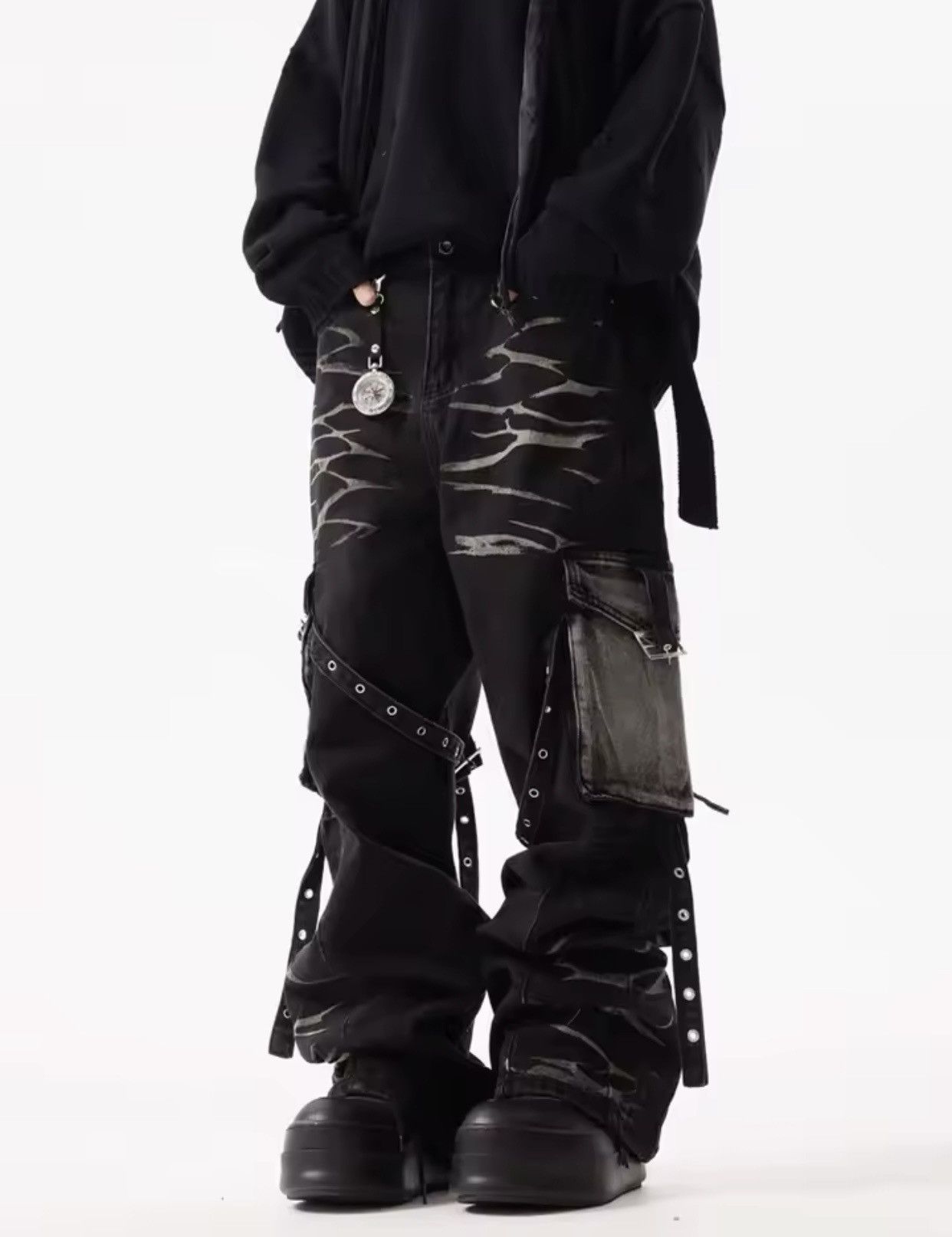 Denime × Jean Cyber Y2K Streetwear Ripple Strap Baggy Cargo Jeans Pants Size US 33 - 4 Thumbnail
