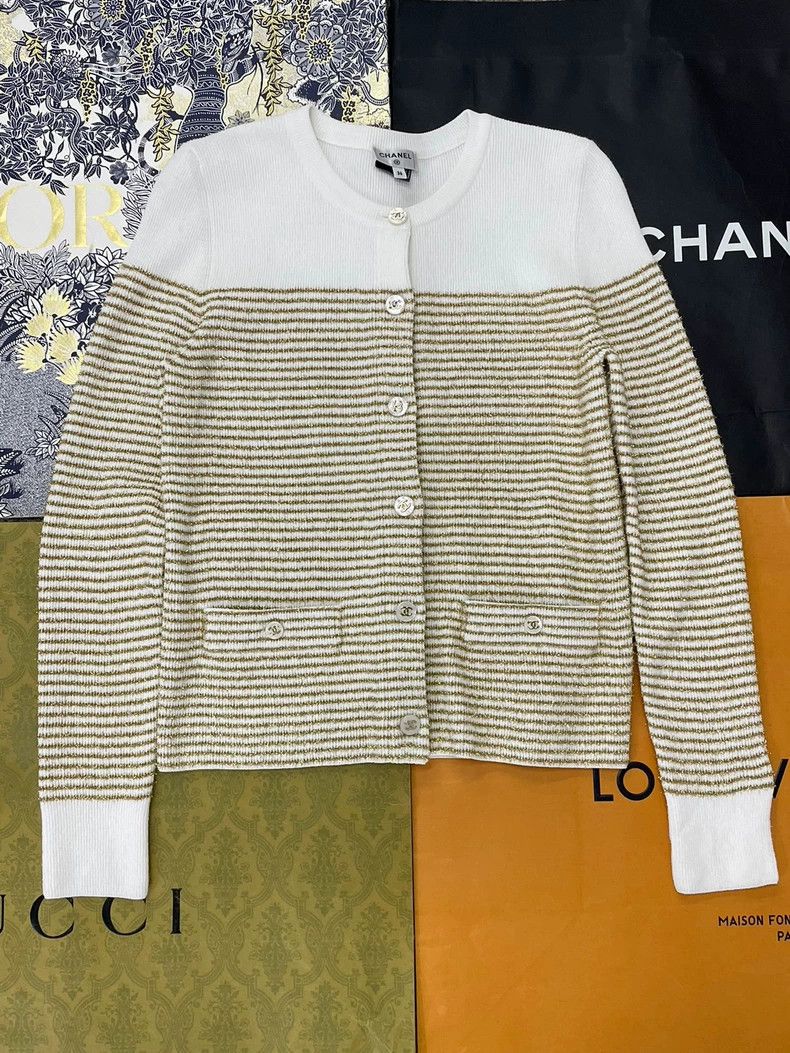 Chanel White stitching gold striped cardigan coat