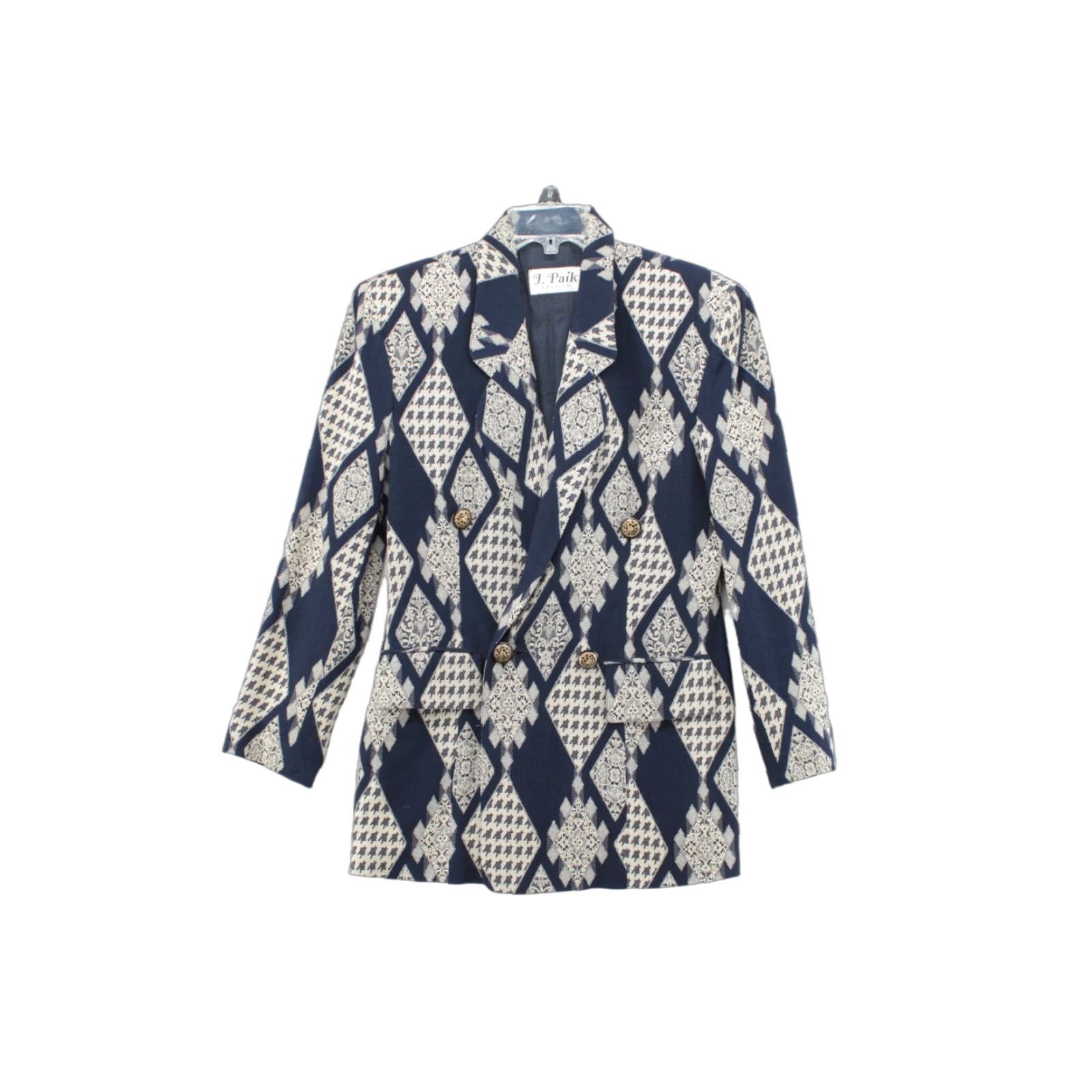 Vintage VINTAGE J Paik Blazer Women's Sport Coat Diamond Pattern Blue Medium 80s 90s Notch 4-Button Size M / US 6-8 / IT 42-44 - 1 Thumbnail