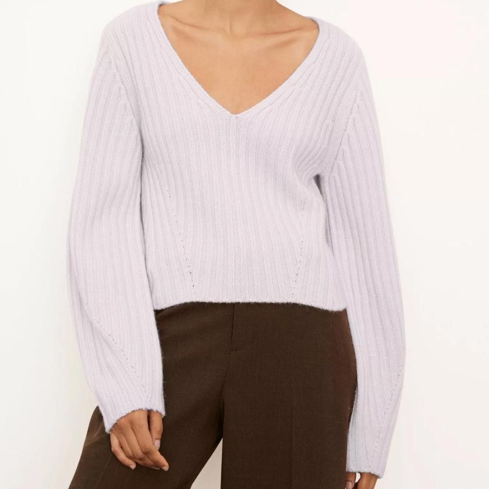 image of Vince Wool/cashmere V-Neck Ribbed Sweater Light Pink New, Women's (Size XL)