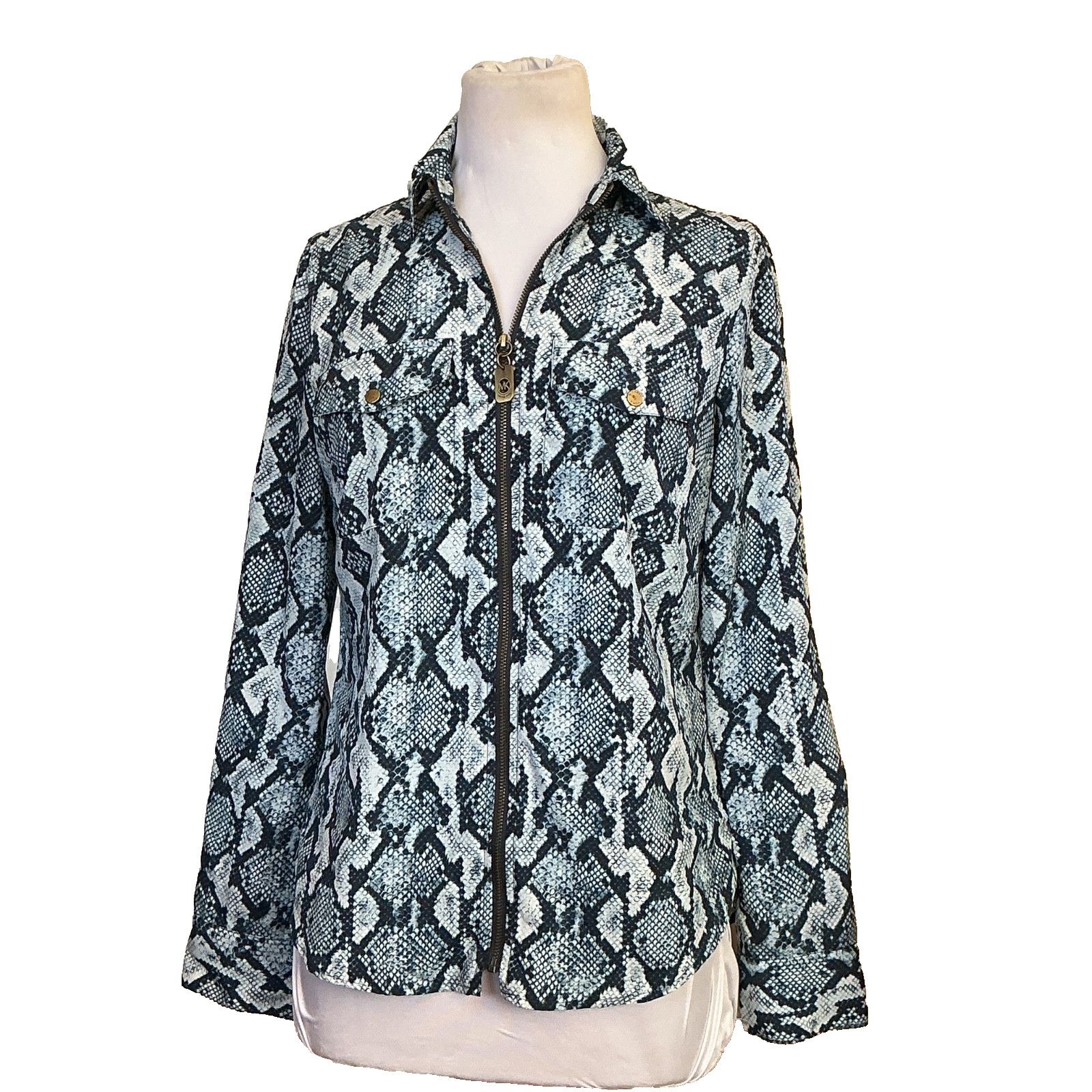 Michael Kors MICHAEL KORS TURQUOISE BLUE SNAKESKIN LONG SLEEVE ZIP BLOUSE Size S / US 4 / IT 40 - 1 Thumbnail