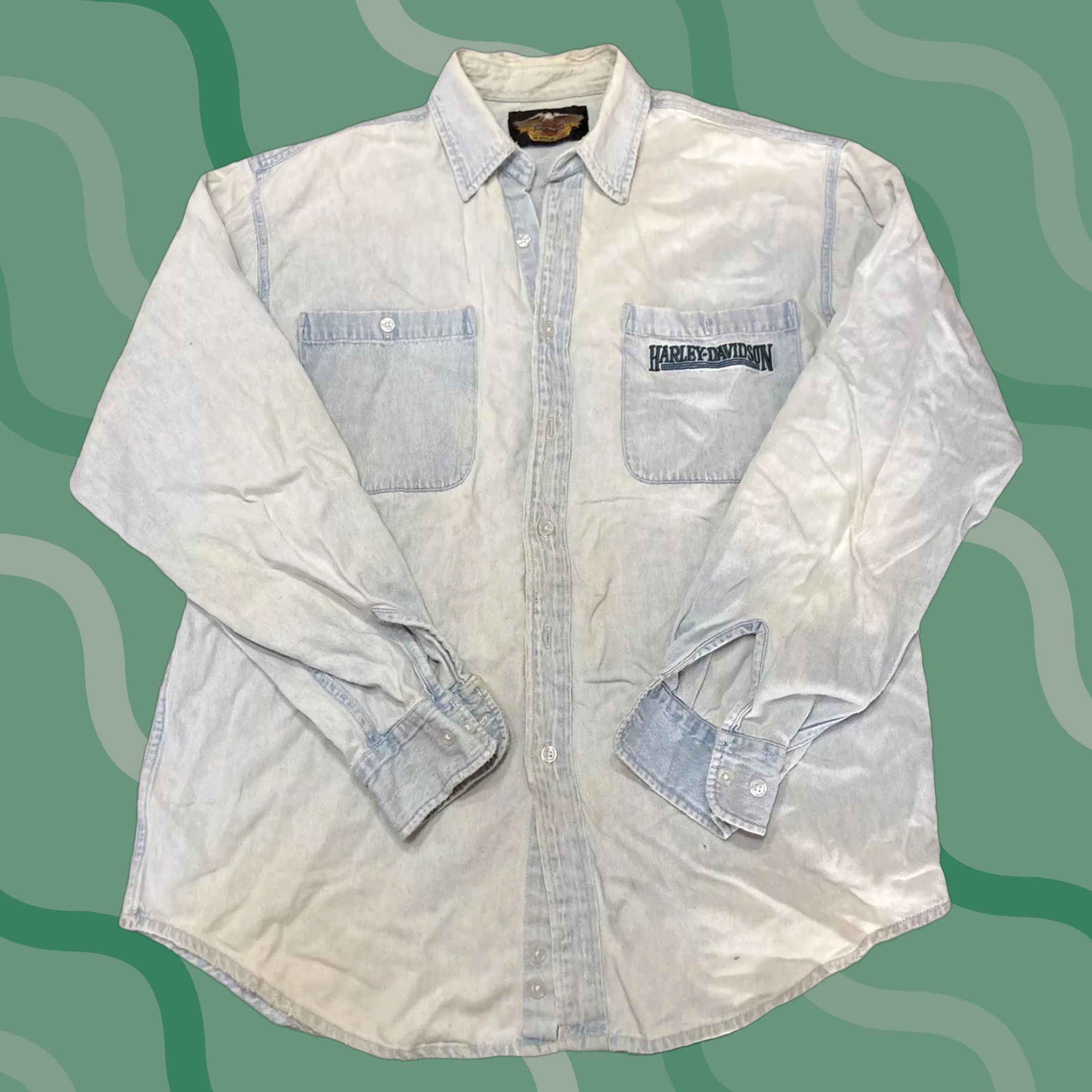 Harley Davidson VINTAGE Harley-Davidson Shirt Mens L Blue Denim Long Sleeve Button-Up Collared - Motorcycle Embroidered Size US L / EU 52-54 / 3 - 1 Thumbnail