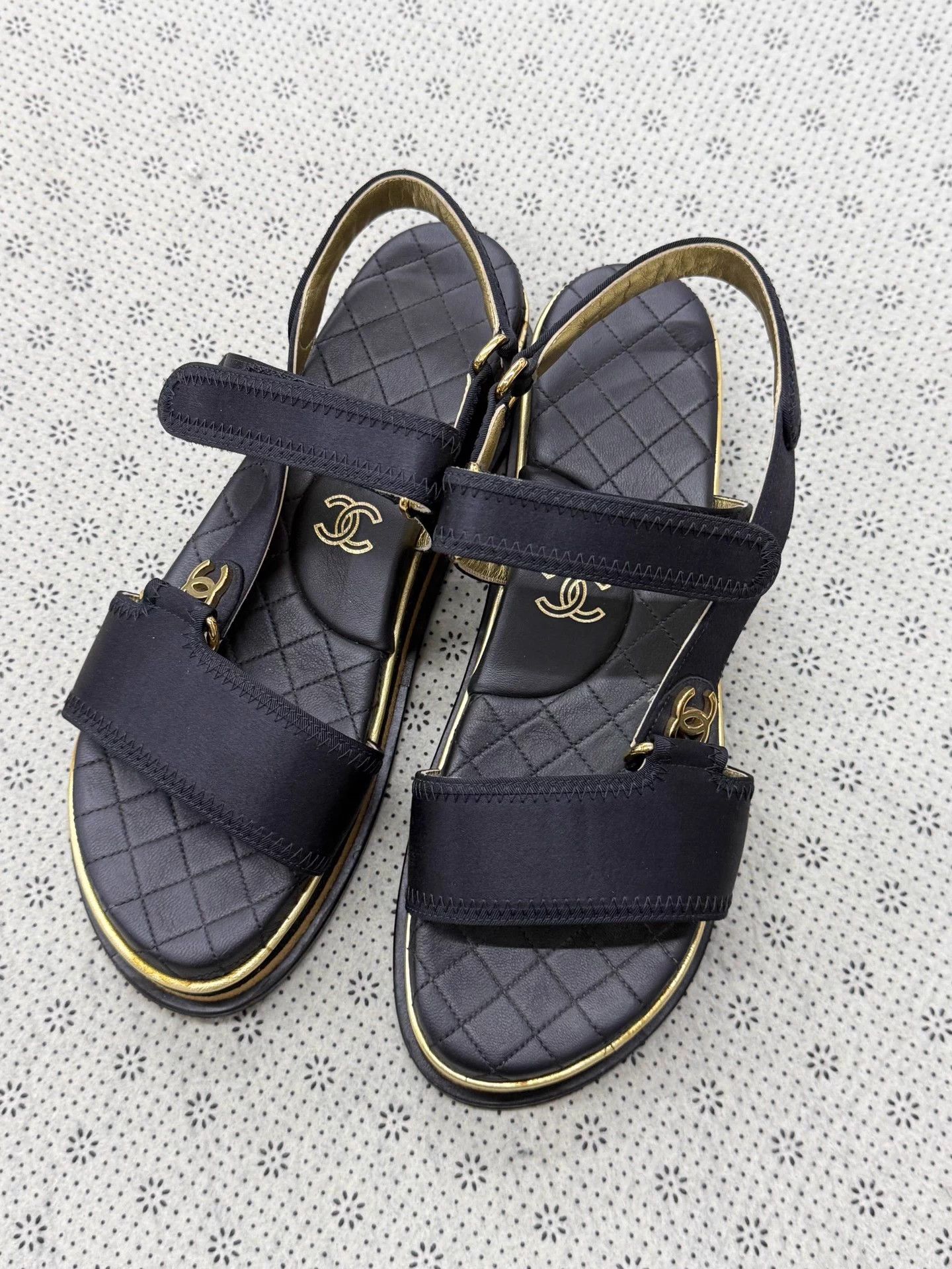 Chanel Chanel Black Gold Velcro Sandals 38.5 Size US 7.5 / IT 37.5 - 2 Thumbnail