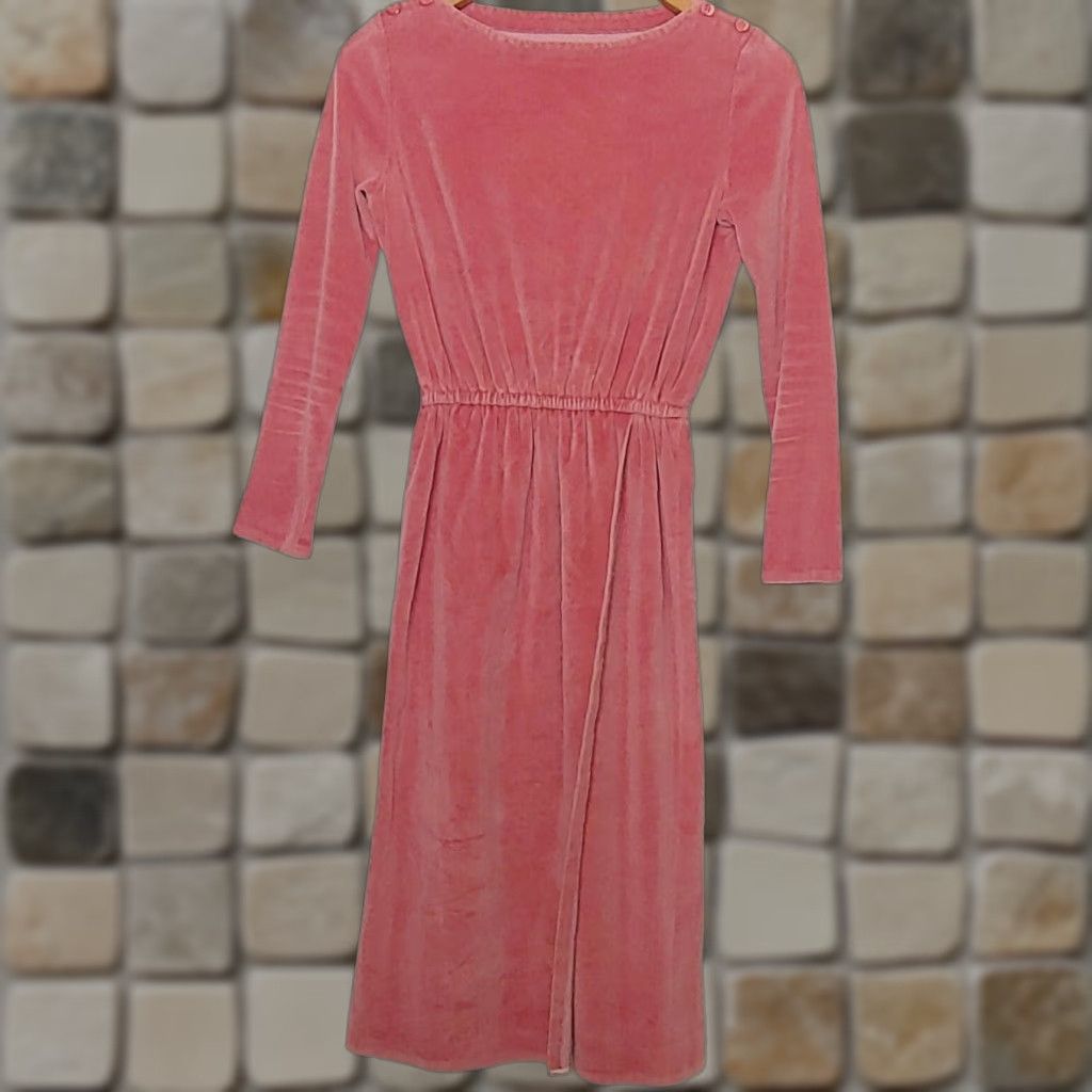 Velour VINTAGE Womens Faux Wrap Dress Velour Long Sleeve Mauve Pink Secretary Retro Dress Knee Length M Women's Size M / US 6-8 / IT 42-44 - 1 Thumbnail