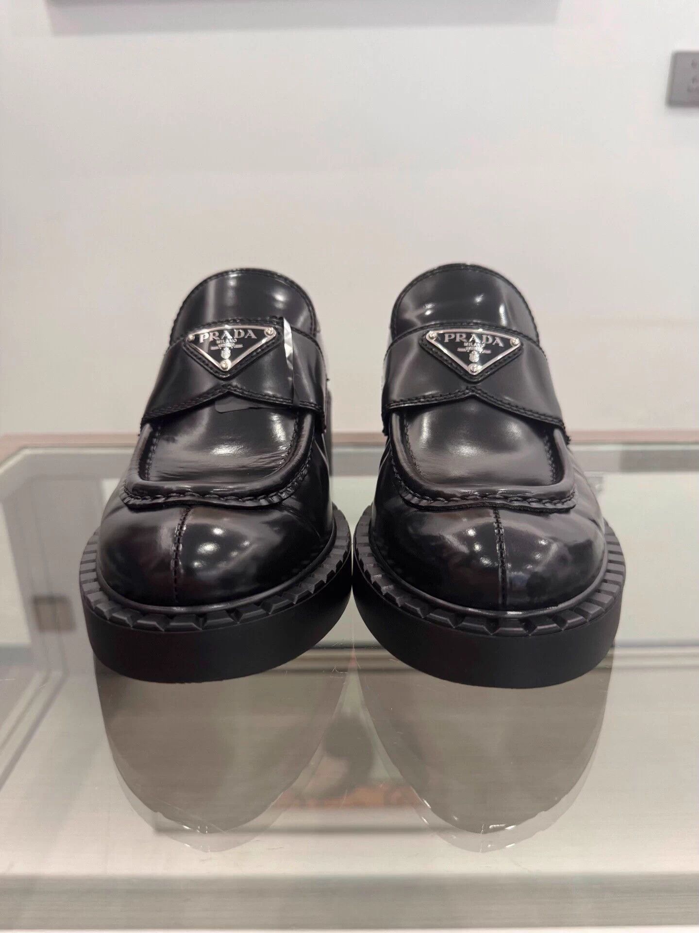 Prada Prada Women's Black Loafers 37.5 EU Silver Triangle Logo New Size US 6.5 / IT 36.5 - 3 Thumbnail