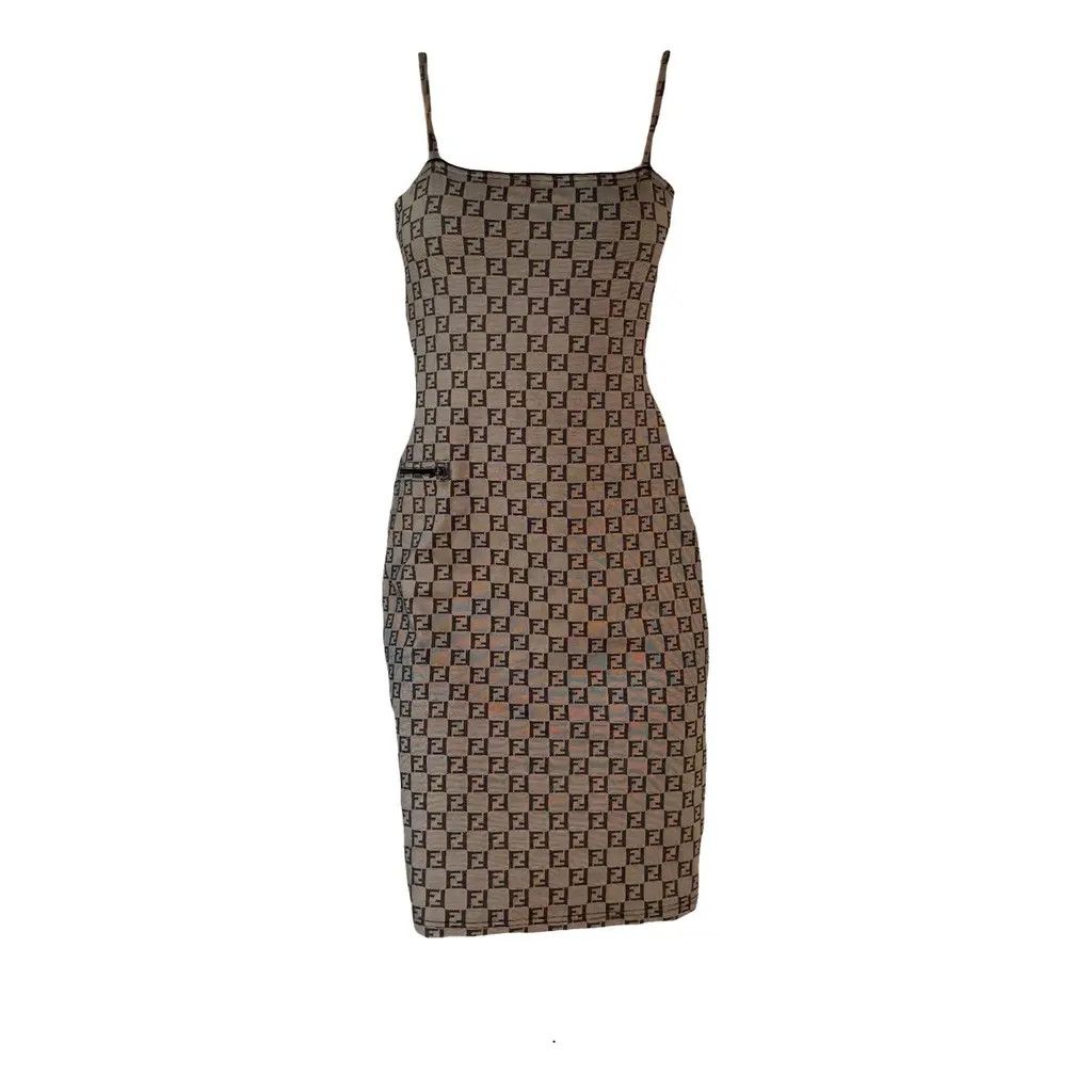 princess polly baby blue dress FENDI cream gold FF buckle cut out back strappy bodycon slip dress IT36 XXS  at 1stDibs