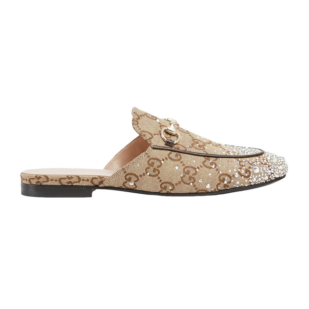 GUCCI Princetown $1090 Beige GG Canvas With Crystal Slippers