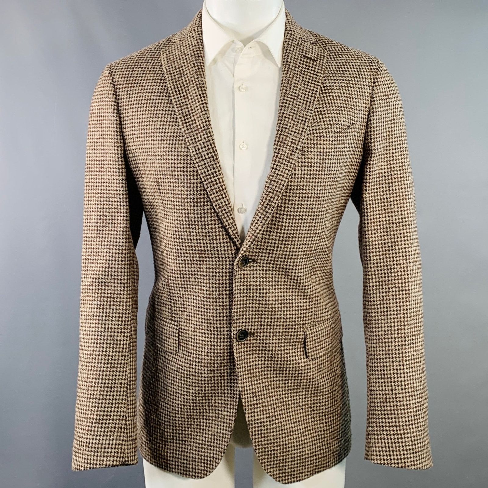 Saks Fifth Avenue SAKS FIFTH AVENUE Khaki Brown Houndstooth Wool Sport Coat Size 40R - 1 Thumbnail