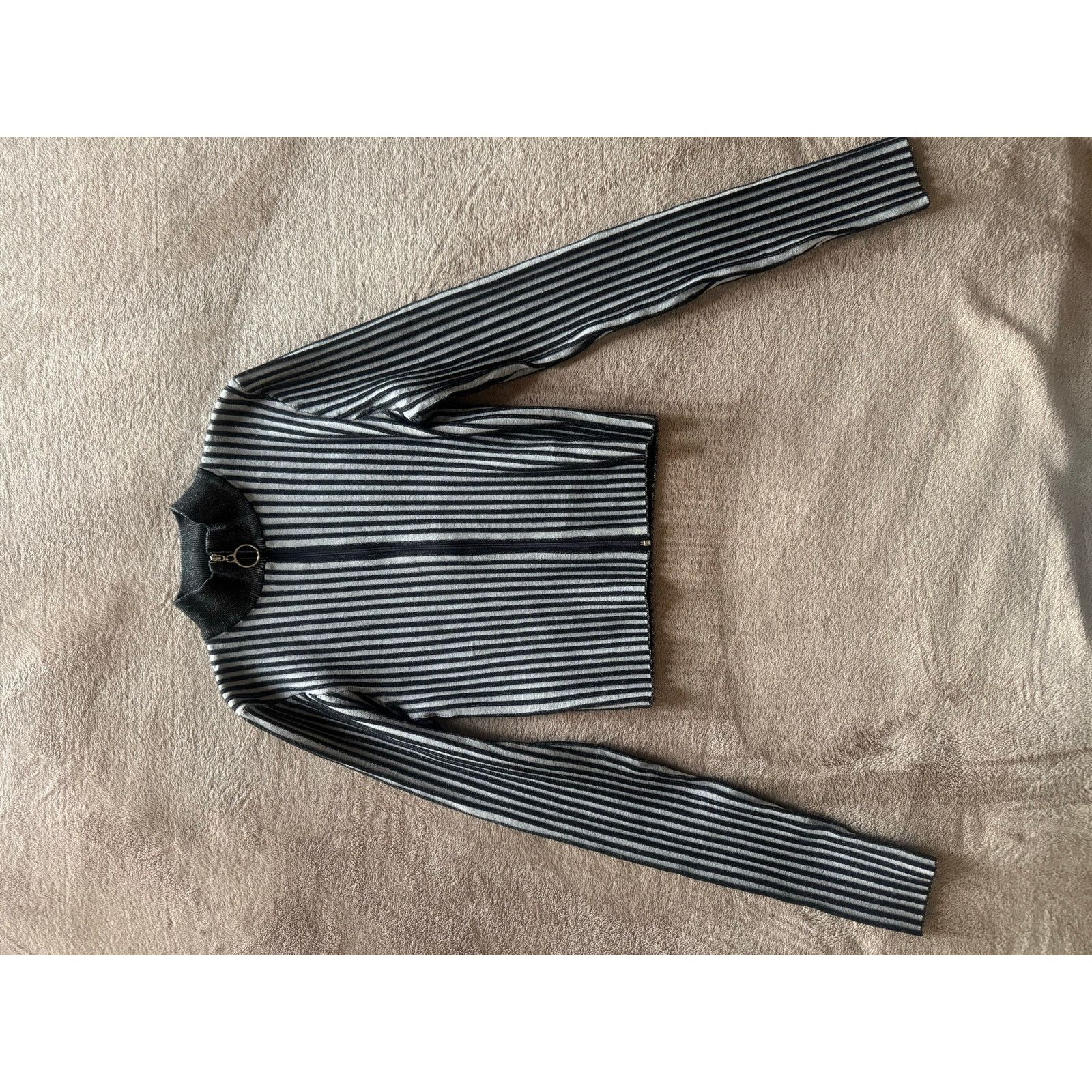 Zara Black White Stripe Full Zip Turtleneck Knit Top Y2K Preppy Size S / US 4 / IT 40 - 1 Thumbnail