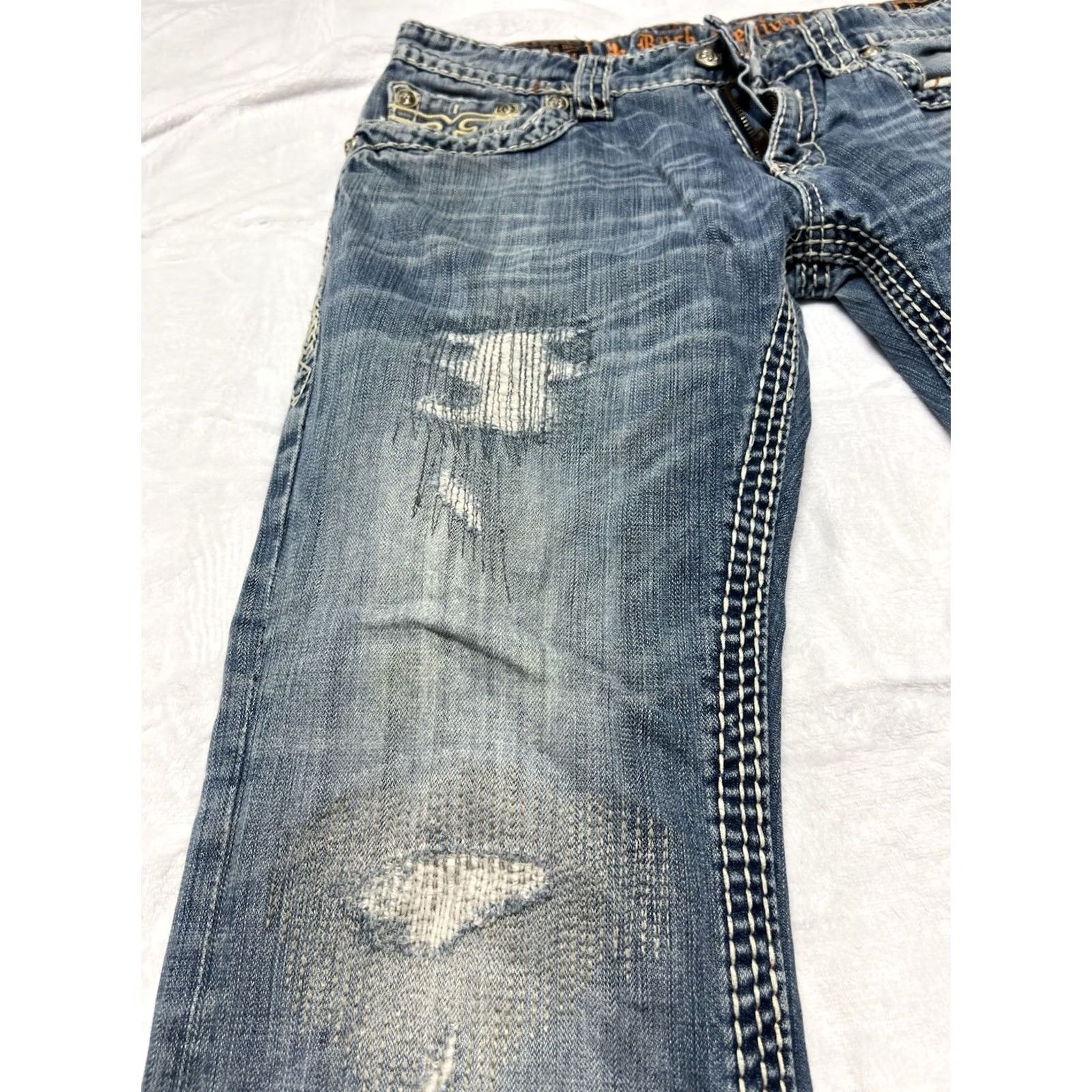 Vintage VINTAGE? ROCK REVIVAL Royce MEN'S 32 x 30 DISTRESSED STRAIGHT LEG BLUE JEANS Size US 32 / EU 48 - 4 Thumbnail