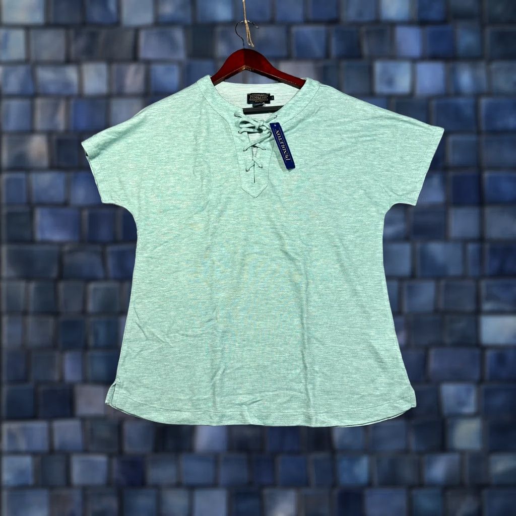 Pendleton Pendleton Womens Large Green Stretch Knit Lace Up Neck V-Neck T-Shirt Short Sleeve Cap Casual Shirt Ladies Regular Fit Size L / US 10 / IT 46 - 1 Thumbnail
