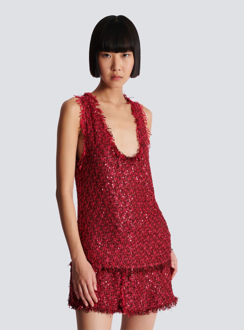 Balmain o1s1wg110526 Glittered Tweed Top in Red Size S / US 4 / IT 40 - 6 Thumbnail