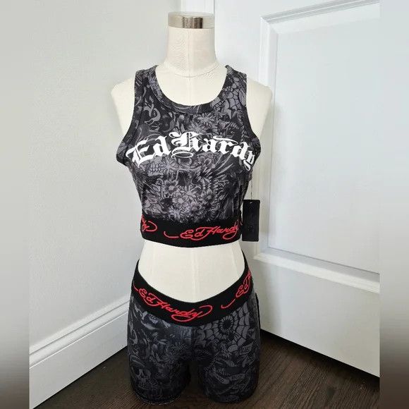Tattoo Sport Tank & Shorts Set Sz M Retro Stretch Travel Y2K
