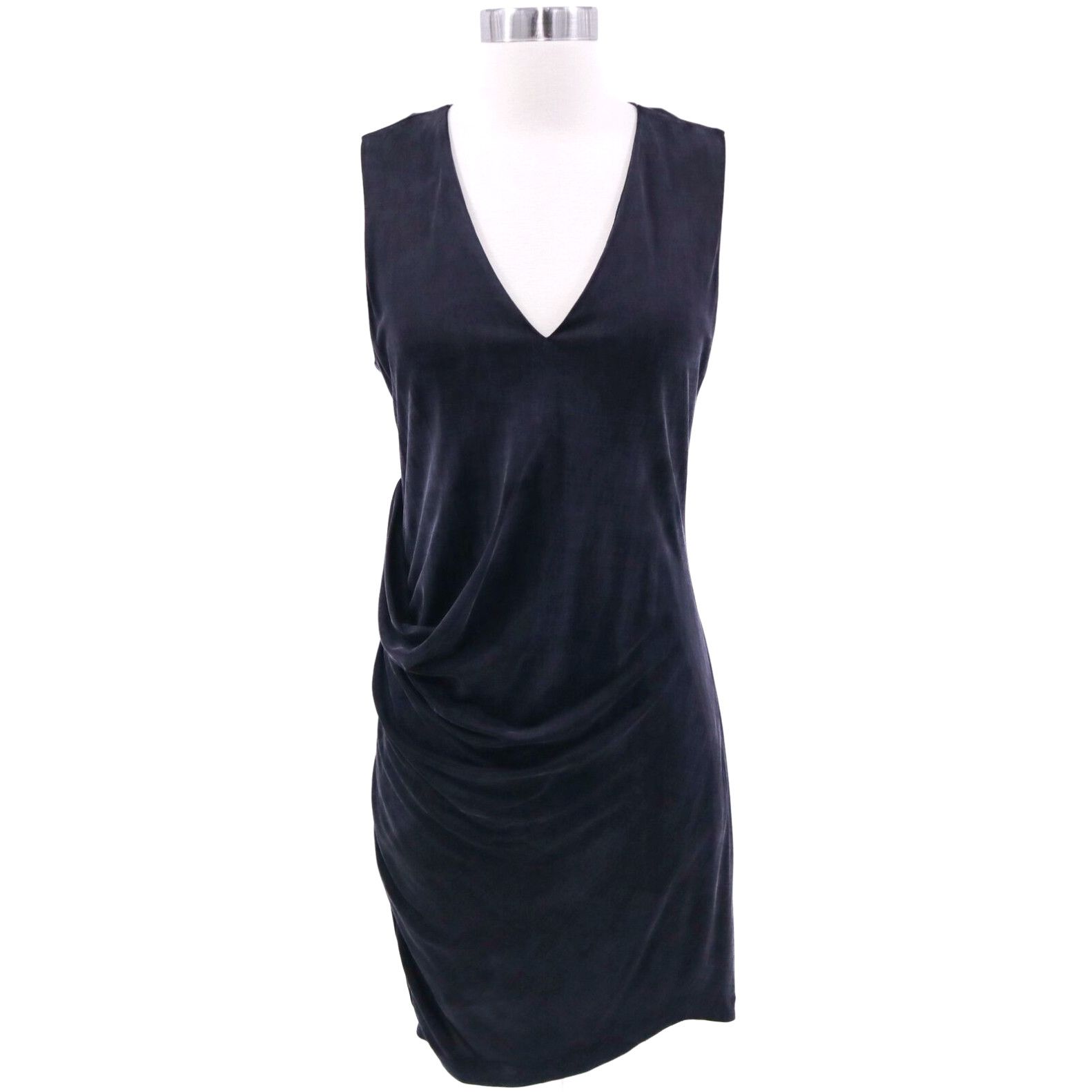 image of Helmut Lang Sheath Dress Cupro Womens M Medium Black Ruched Asymmetrical V-Neck in White