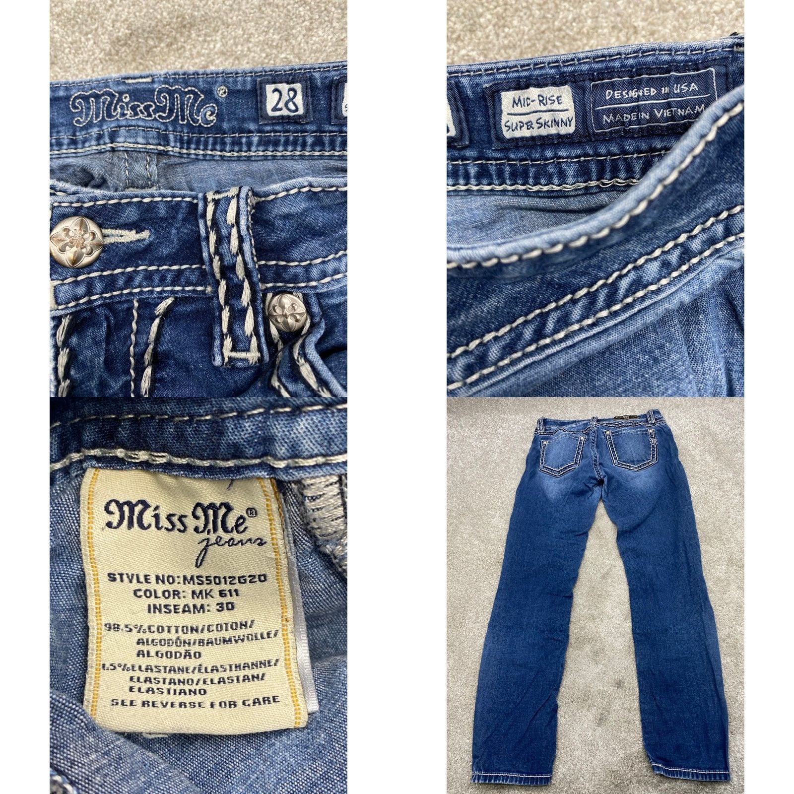 Miss Me Miss Me Jeans Womens 28 Mid-Rise Super Skinny Embellished Studded Embroidered Jeans Size 28" / US 6 / IT 42 - 8 Thumbnail