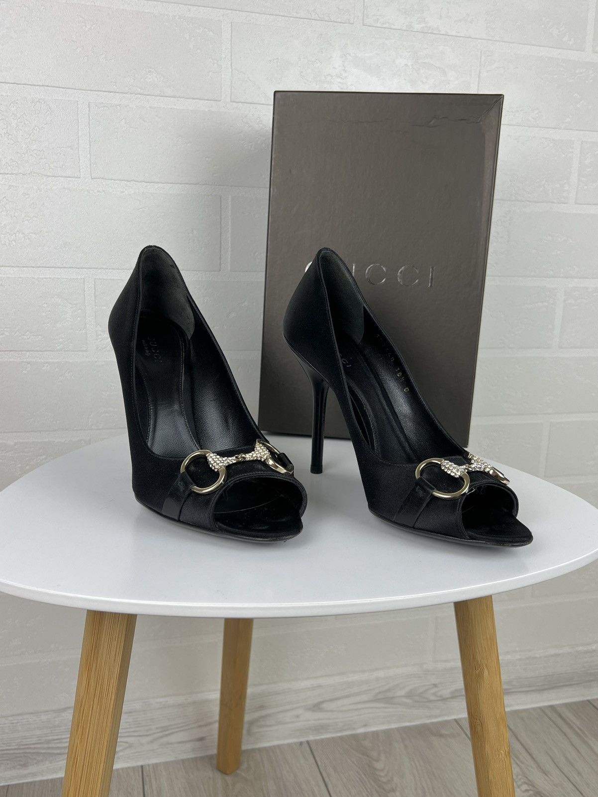 Gucci GUCCI Heels Satin Shoes Rhinestone Crystal Horsebit Peep Toe Size US 8.5 / IT 38.5 - 2 Thumbnail