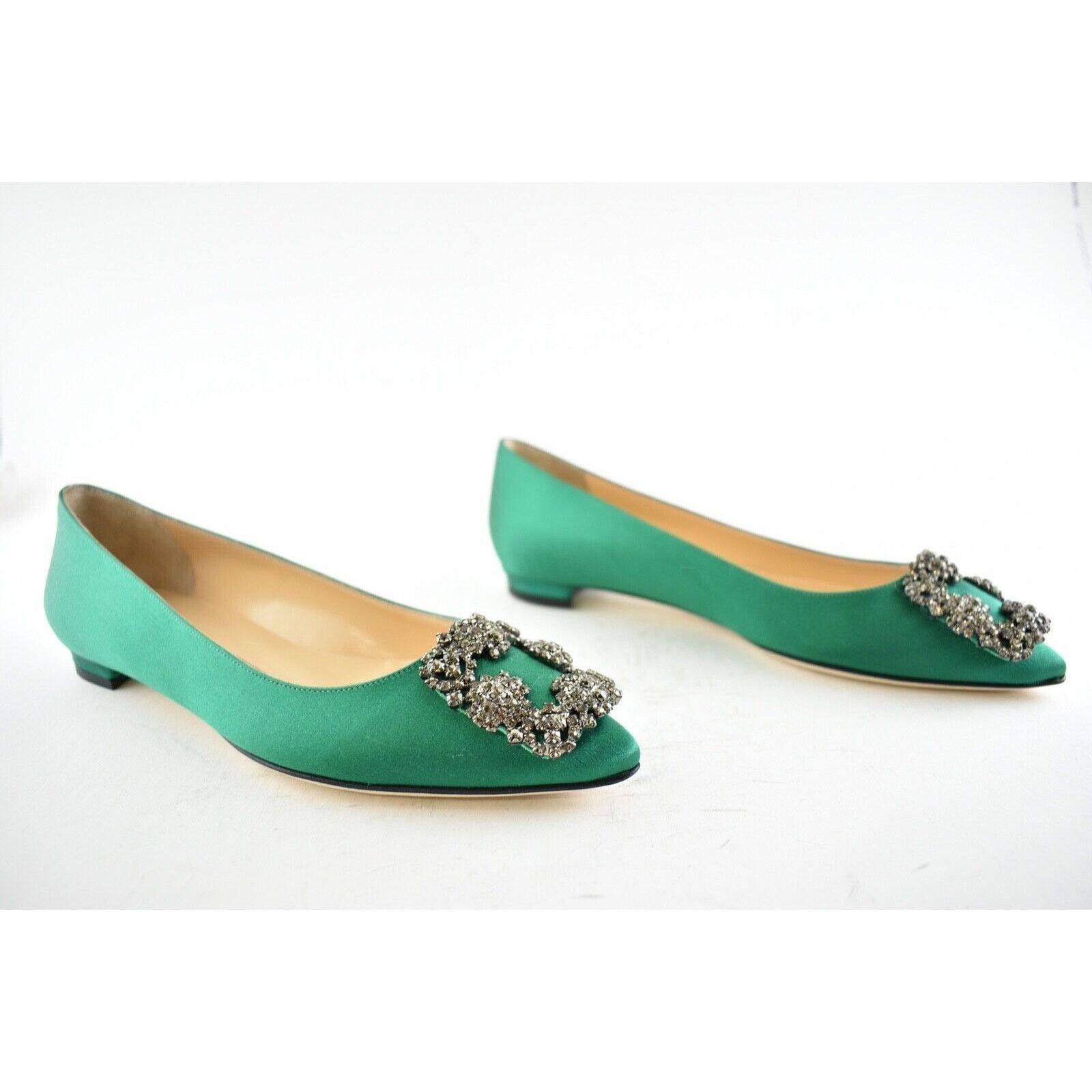 Manolo Blahnik Hangisi Emerald Satin Jewel Buckle Ballet 38