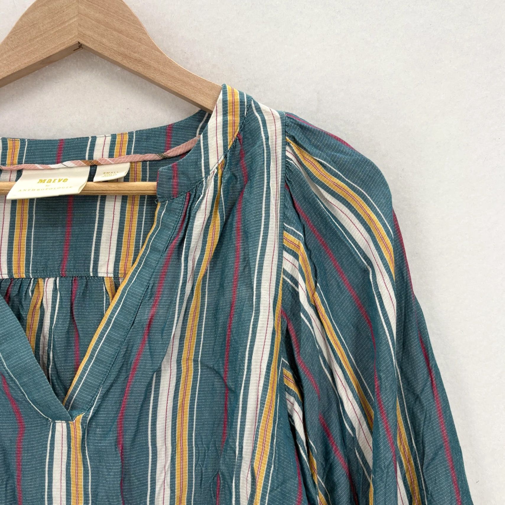 Vintage Maeve Striped Balloon Sleeve Top Womens Small Green Blouse V-Neck 3/4 Sleeve Rayon Woven Casual Relaxed Vintage No Size S / US 4 / IT 40 - 2 Thumbnail