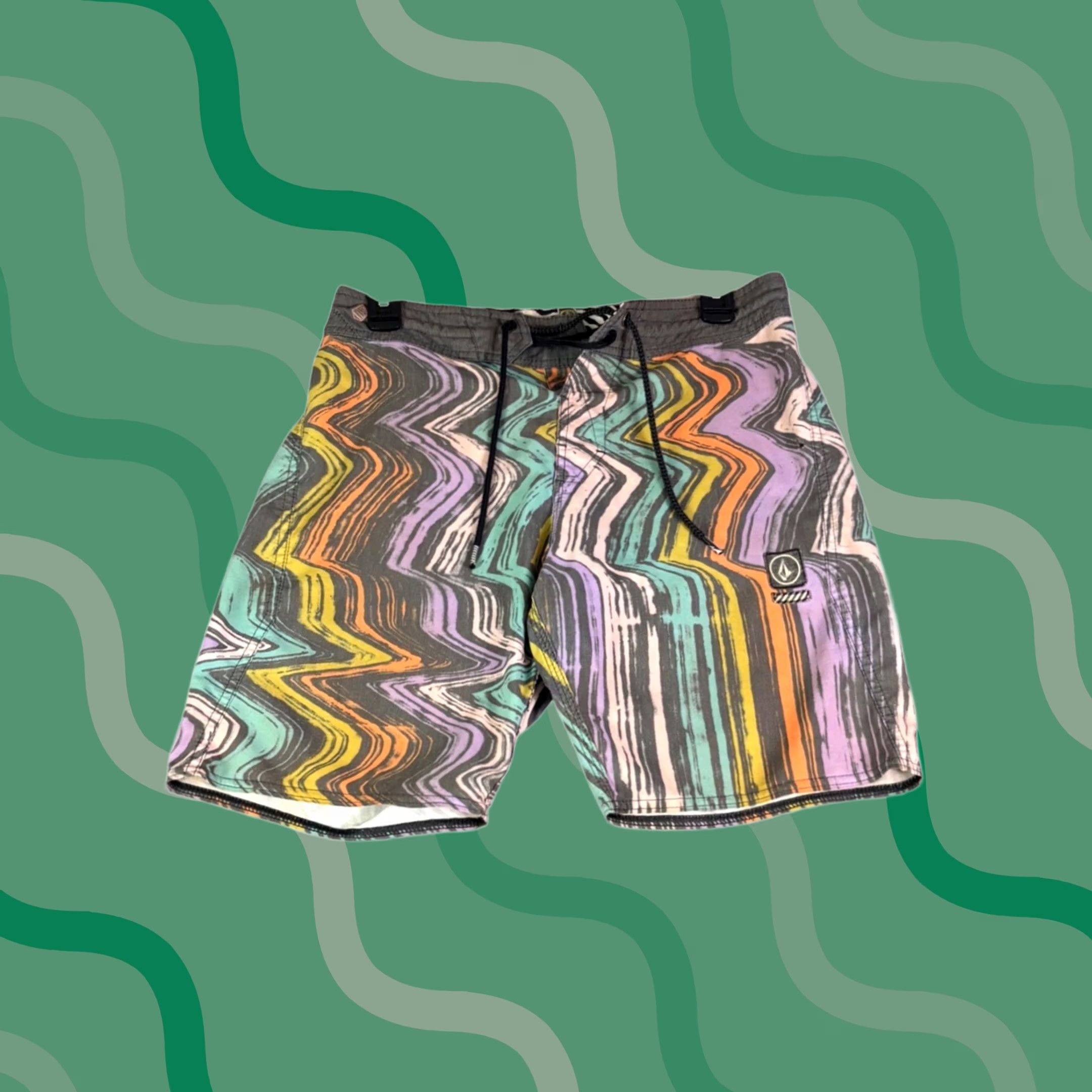Volcom Volcom Board Shorts Mens 28 Multi Color Psychedelic Wavy Print Surfing Recreational Chevron Pattern Back Pocket Drawstring Pockets Size US 28 / EU 44 - 1 Thumbnail
