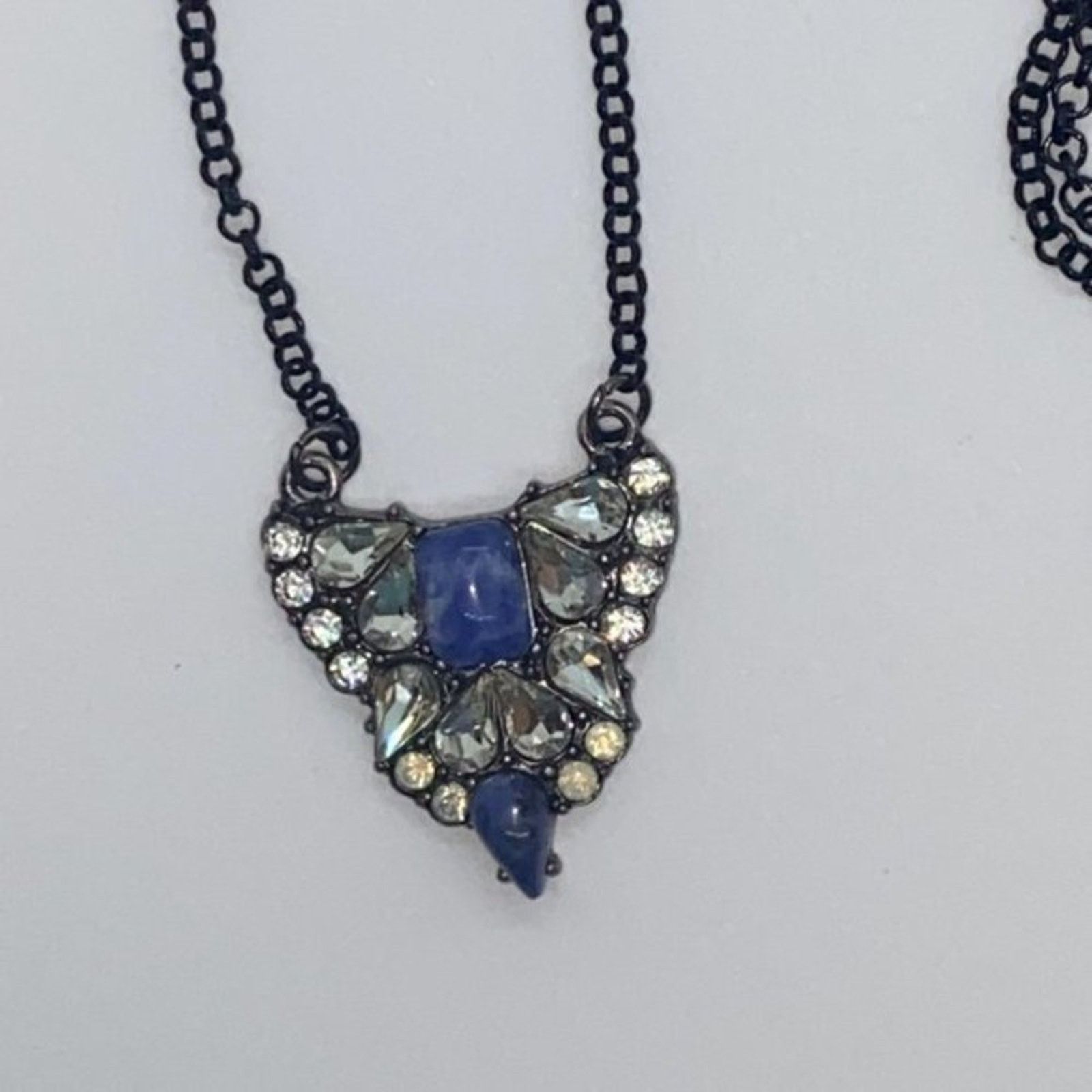 Handmade Black-Tone Blue Clear Rhinestone Necklace Size ONE SIZE - 4 Thumbnail