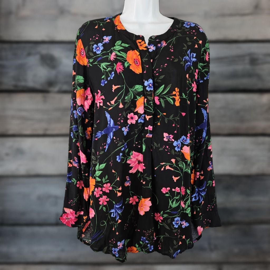 Old Navy Old Navy Tunic Shirt Womens Large Black Pink Floral Long Sleeve Rayon Blouse Size L / US 10 / IT 46 - 1 Thumbnail