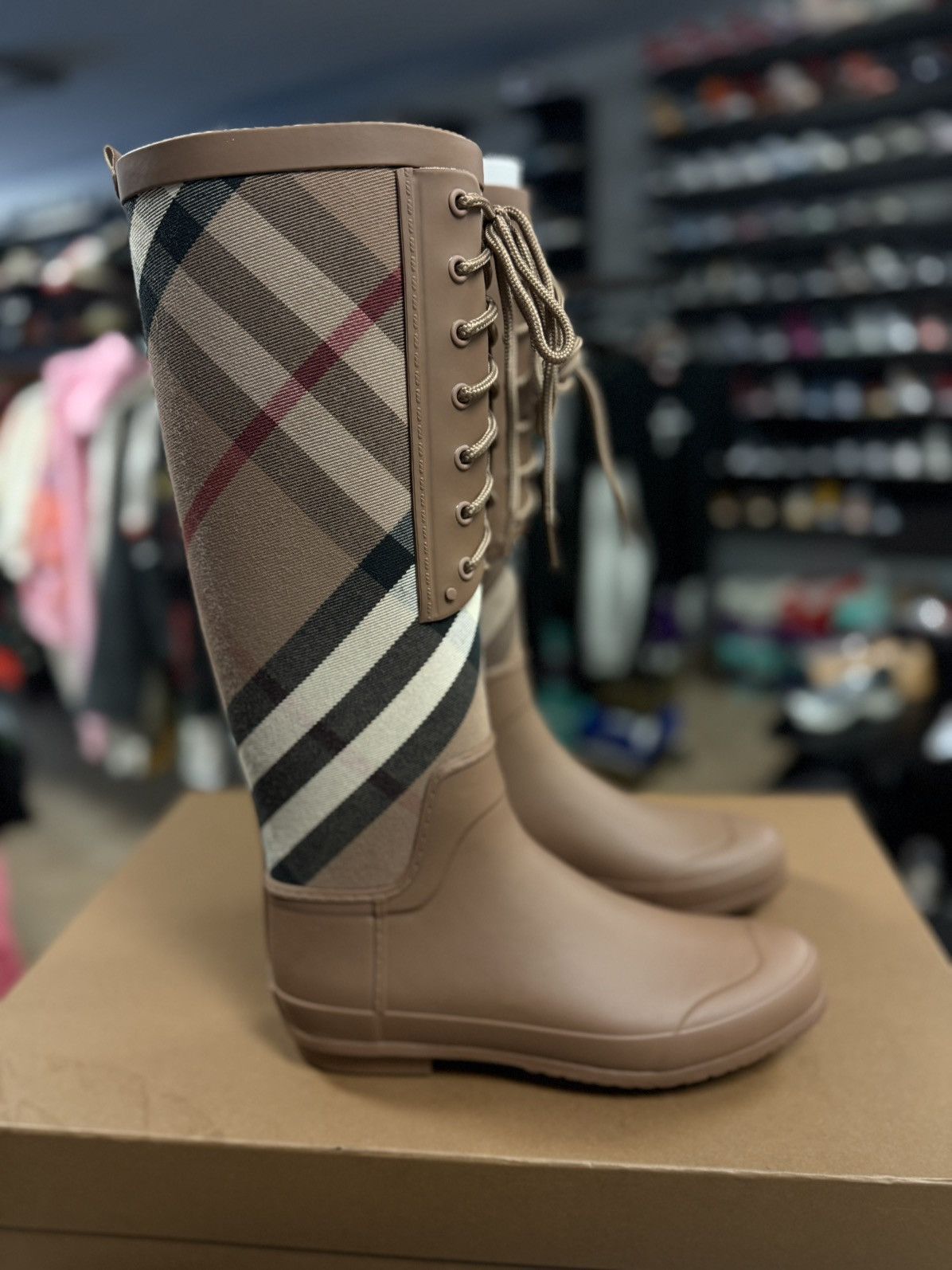 Burberry Vintage Check Canvas & Rubber Rain Boot In Brown 38EU/8US Size US 8 / IT 38 - 1 Thumbnail