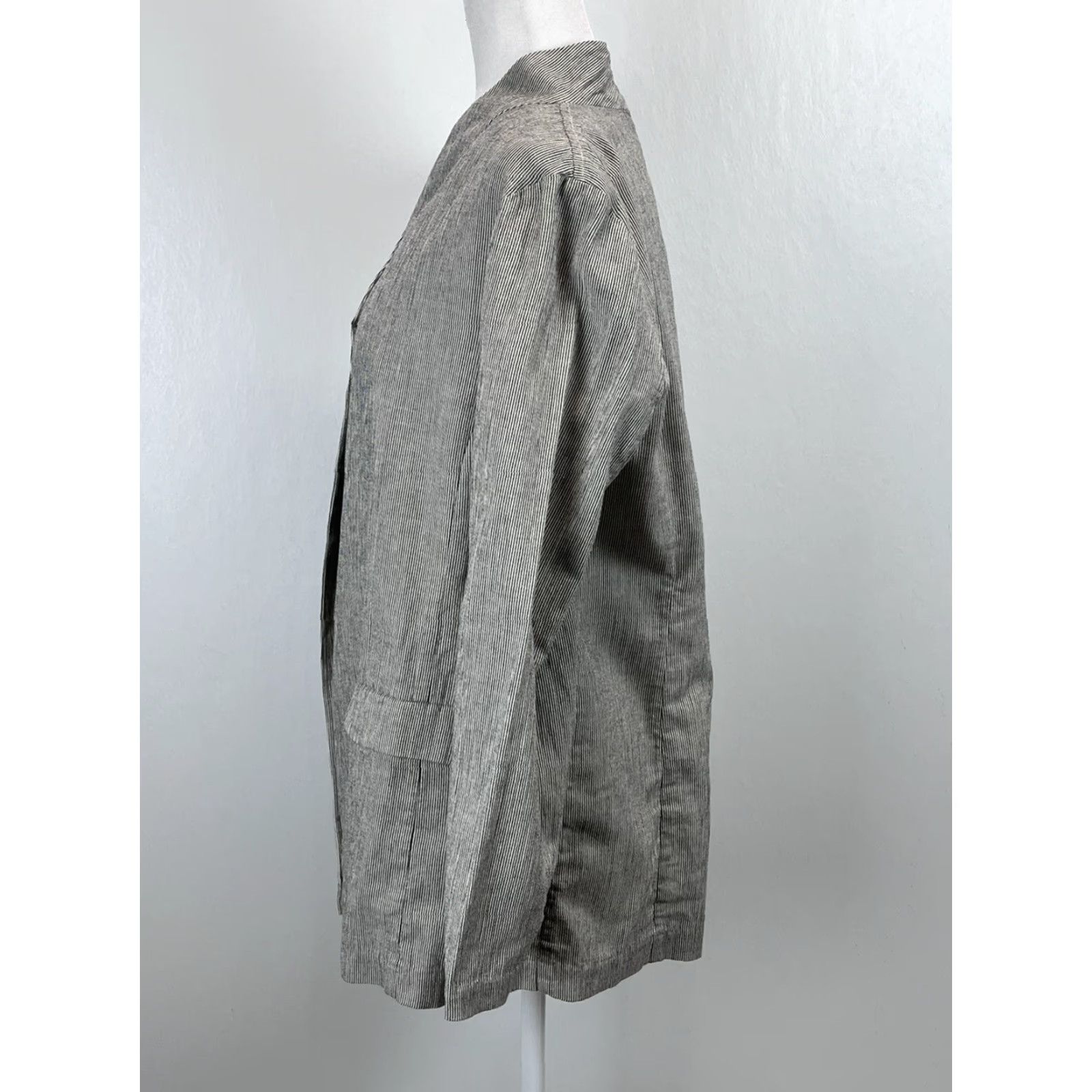 Eileen Fisher Eileen Fisher Blazer Jacket Women Size Large Black Ivory Striped Organic Cotton Linen Lagenlook Open Size L / US 10 / IT 46 - 2 Thumbnail