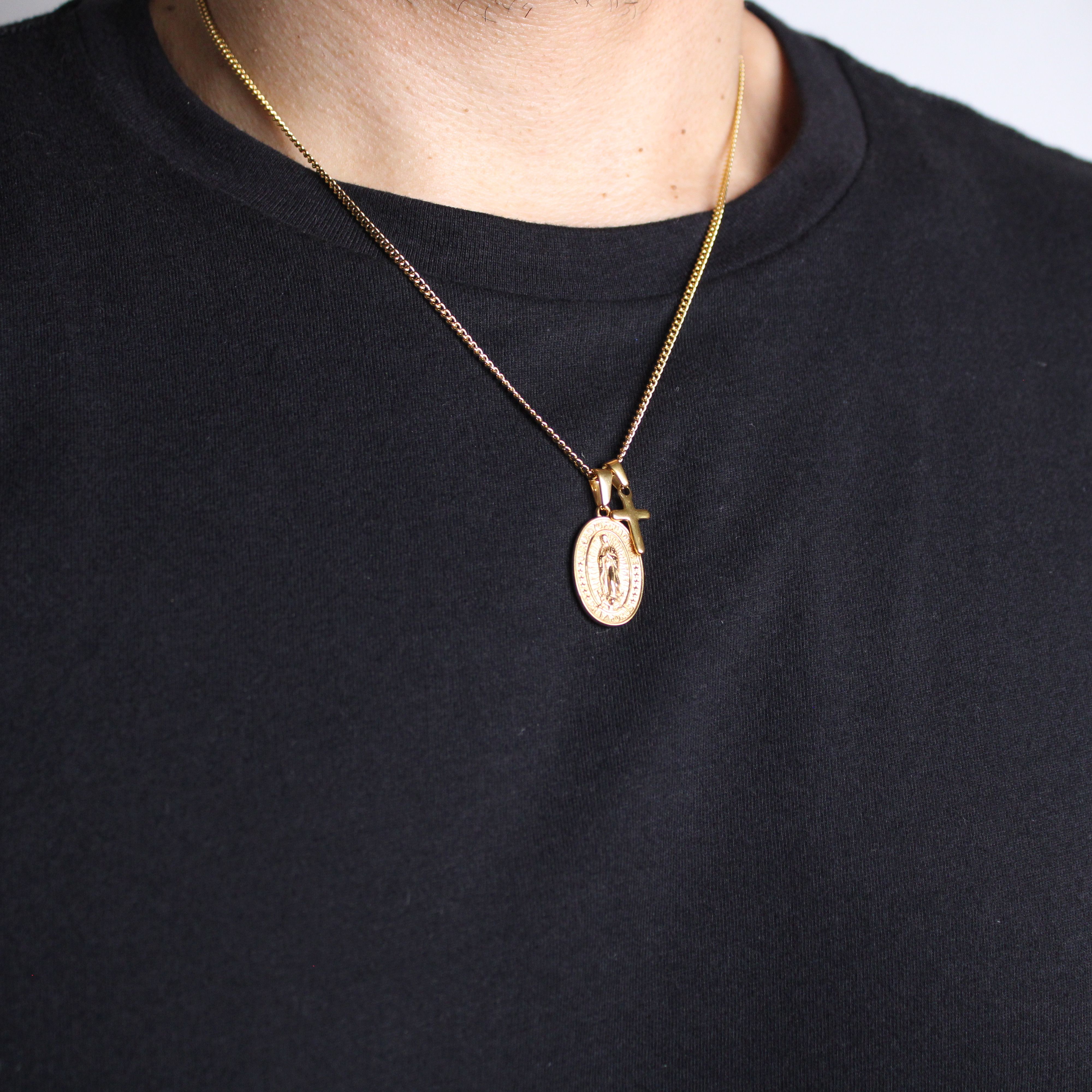 Jewelry Gold Lady of Guadalupe and Mini Cross Pendant Necklace Set Size ONE SIZE - 2 Thumbnail