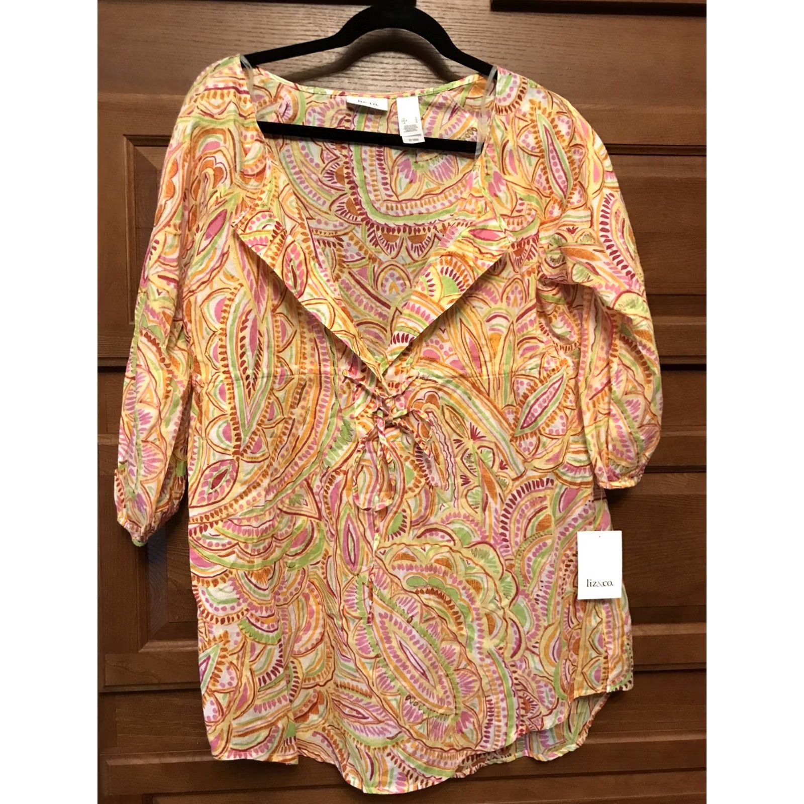 CO liz and co Blouse Women Top L Multicolor 3/4 Sleeve Sheer NWT b504 Size L / US 10 / IT 46 - 2 Thumbnail
