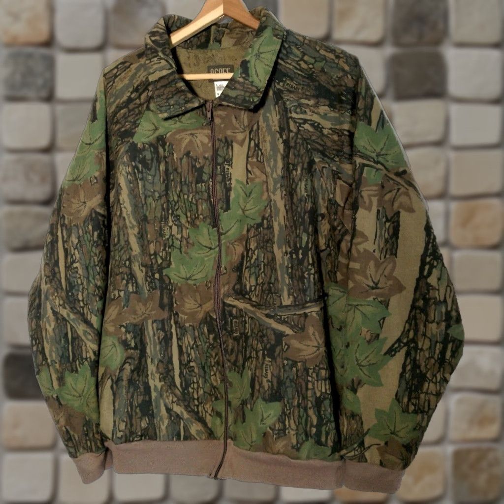 OCOEE Mens Jacket Camouflage Hunting Rebark Camo Zip Short Collar Spread L Green Chamois Cotton Jacket Coat