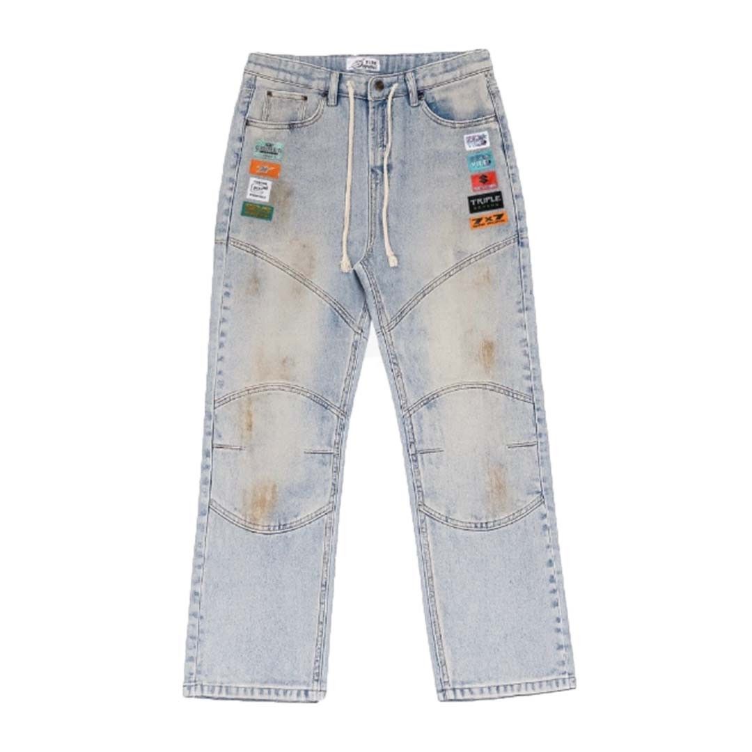 TRIPLE SEVENS Light Wash Dirty Biker Jeans Size US 38 / EU 54 - 1 Preview