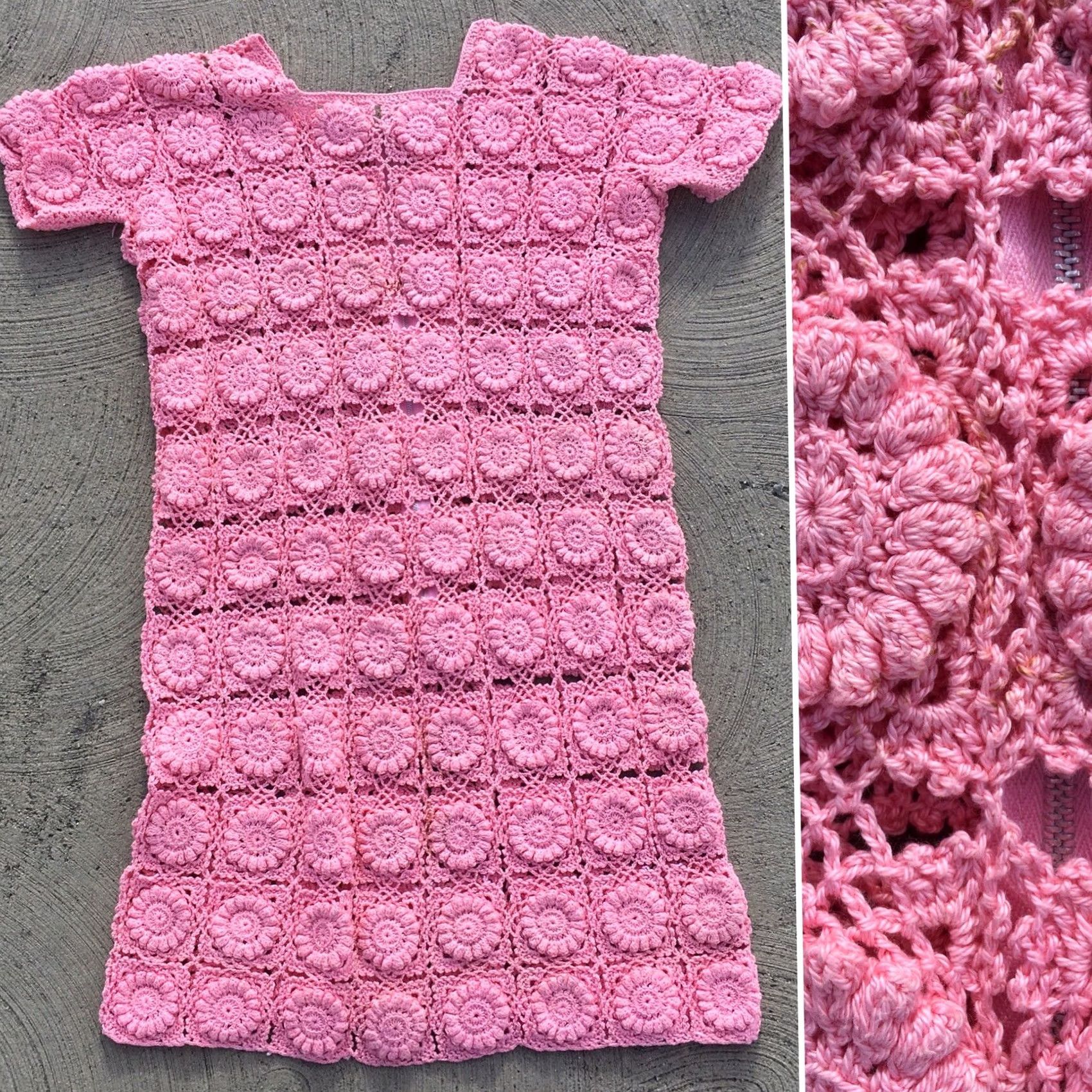 Pinko VINTAGE Pink Crochet Dress Floral Granny Square Boho 60s 70s Style Mini Women Size M / US 6-8 / IT 42-44 - 3 Thumbnail