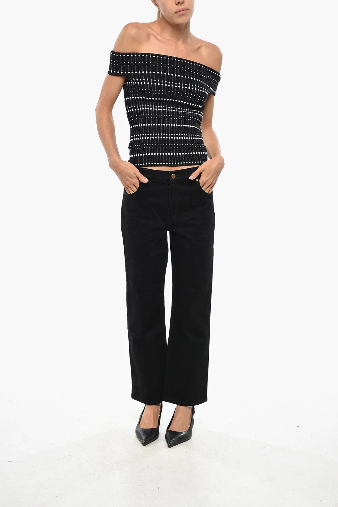 Alexander McQueen og1mm0426 Stretch-Knit Off-Shoulder Top in Black & White Size S / US 4 / IT 40 - 4 Thumbnail
