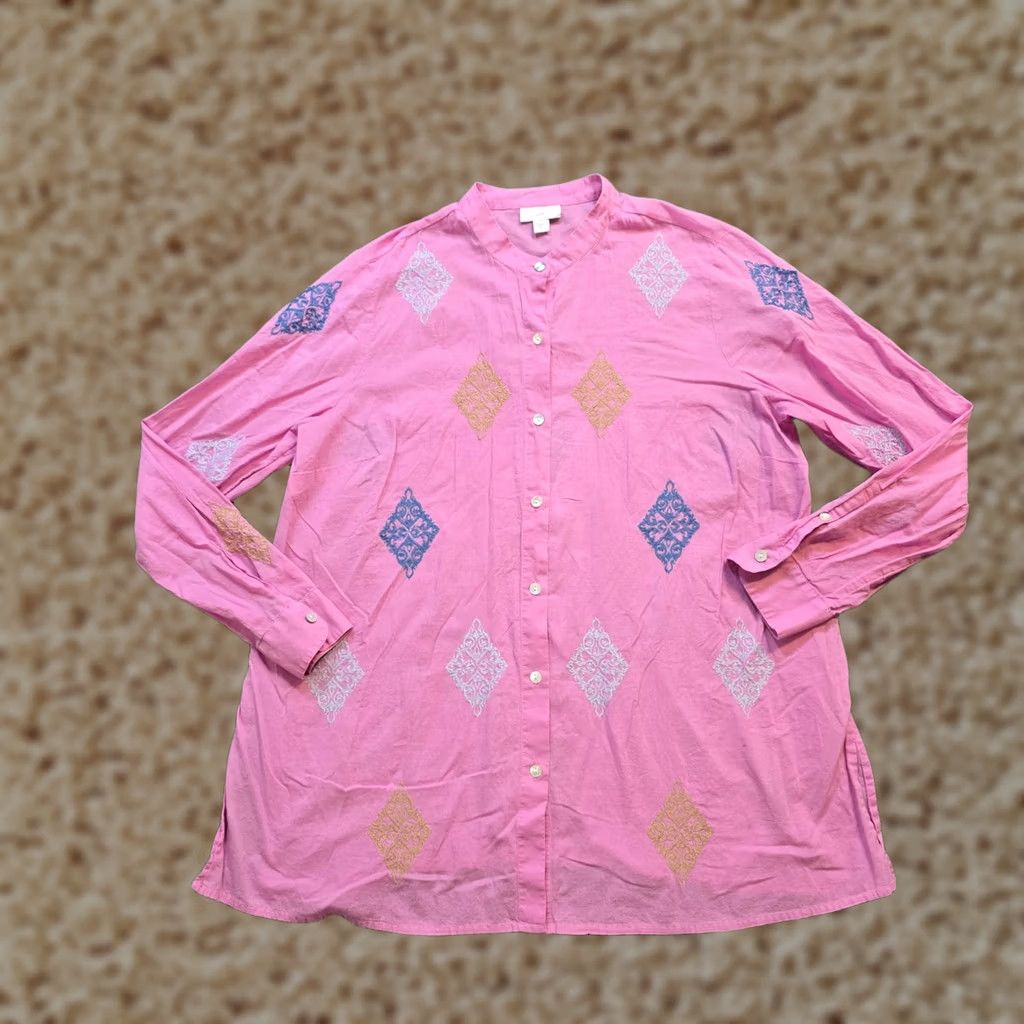 Pinko J Jill Top Blouse Womens Medium Pink Diamond Embroidered Long Sleeve Button Casual Shirt Size M / US 6-8 / IT 42-44 - 1 Thumbnail