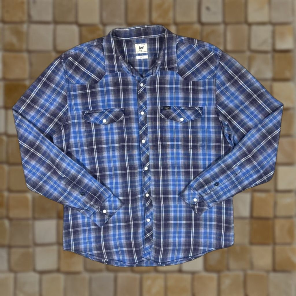 Lee Lee Slim Fit Western Plaid Check Popper Button Long Sleeve Cotton Shirt XL Men Blue Button-Up Shirt 100% Cotton Slimming contrived Size US XL / EU 56 / 4 - 1 Thumbnail