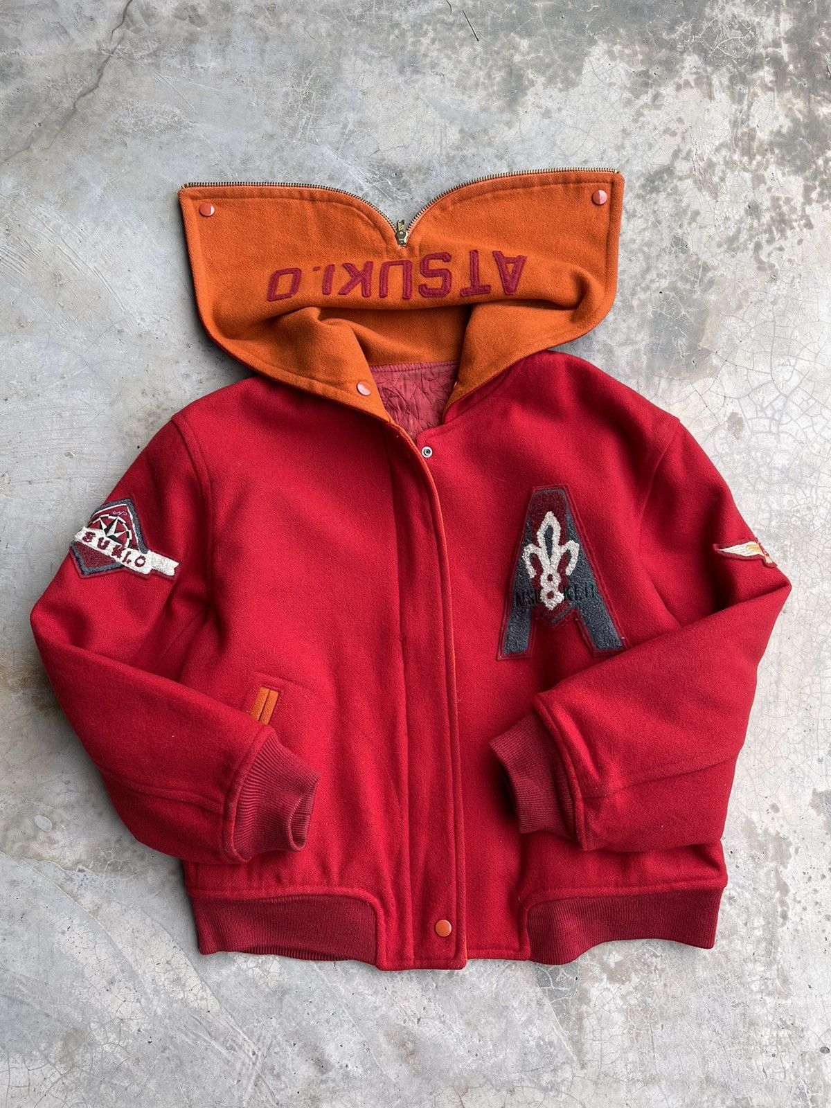 image of Avant Garde x Vintage Lolita Designer Atsuki Onishi Split Hood Wool Varsity Jacket in Red/Orange, W