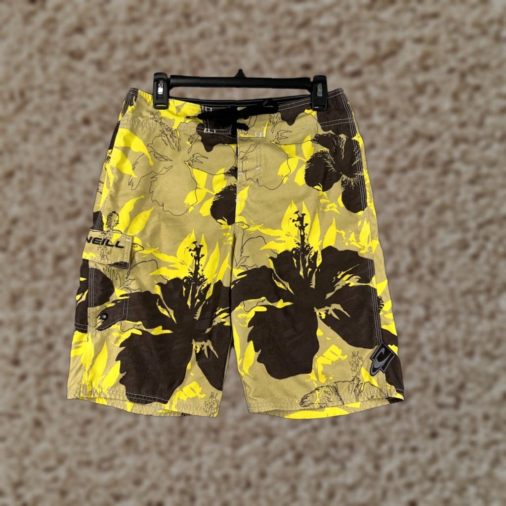 O'Neill O'Neill Men’s Board Shorts 29 Beige Yellow Floral Hibiscus Polyester Swimsuit Beach Surf Aloha Pockets Size US 29 - 1 Thumbnail